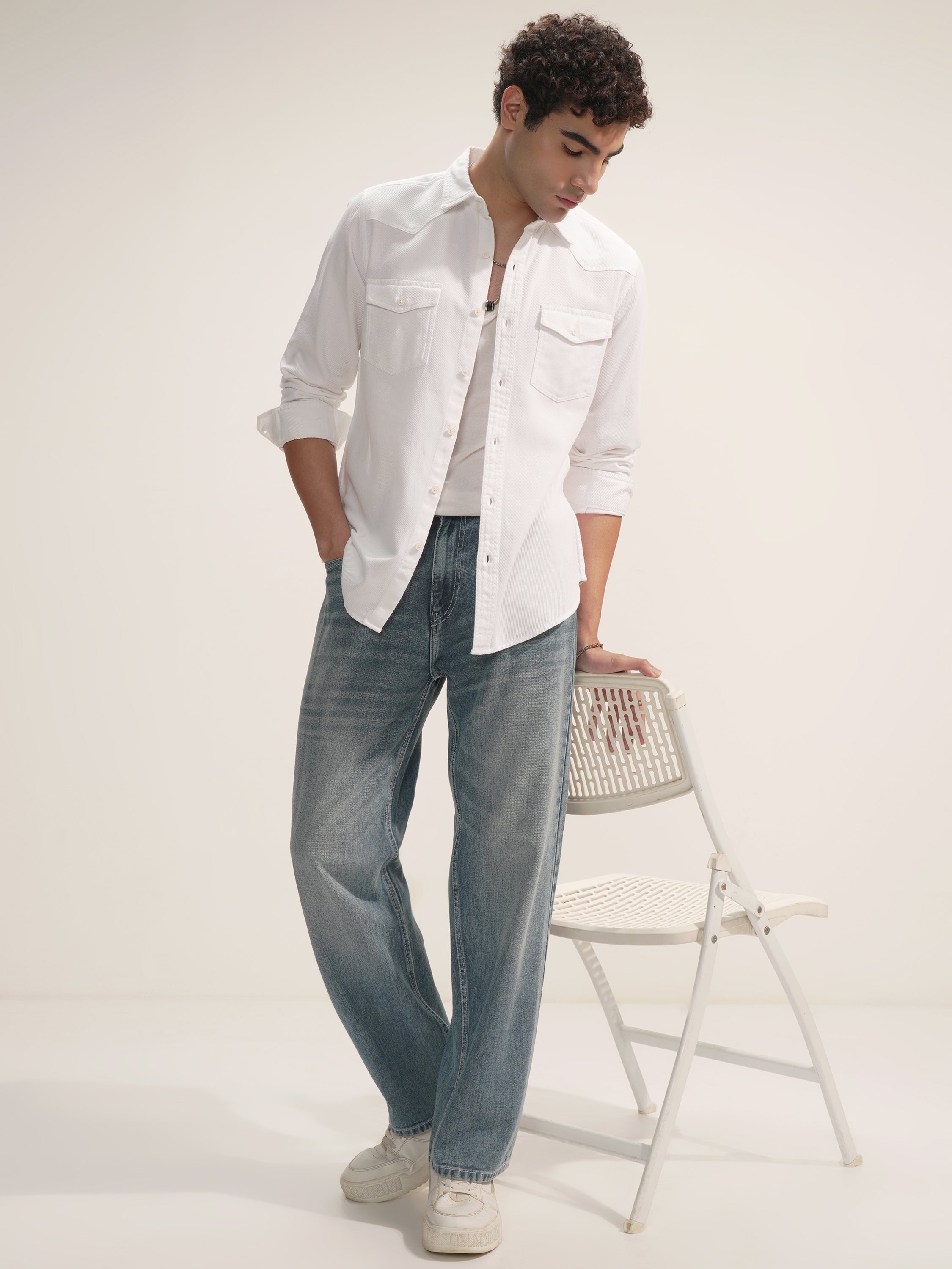 Highlander Men White Self Design Slim Fit Casual Shirt - White - Image 2