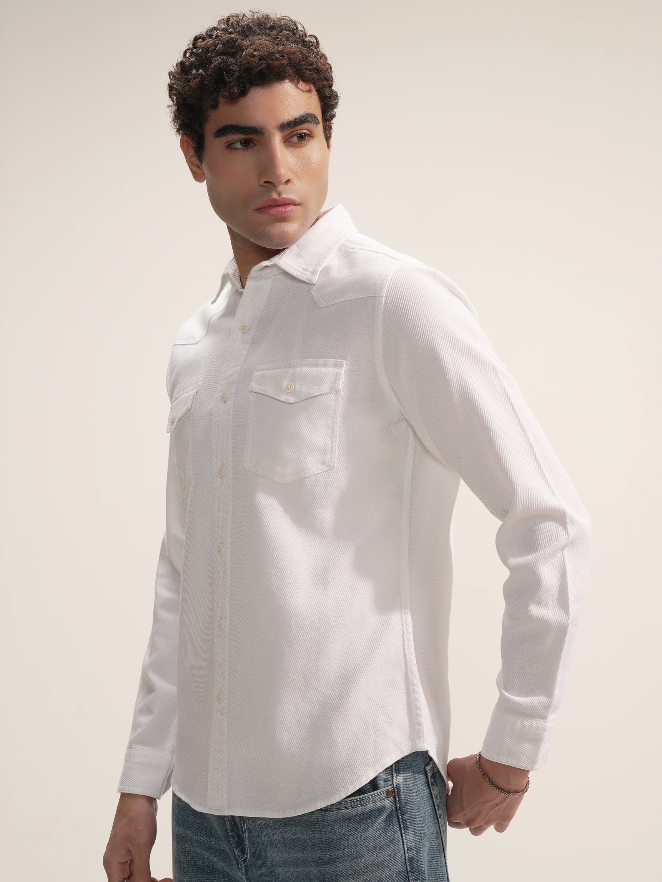Highlander Men White Self Design Slim Fit Casual Shirt - White - Image 4