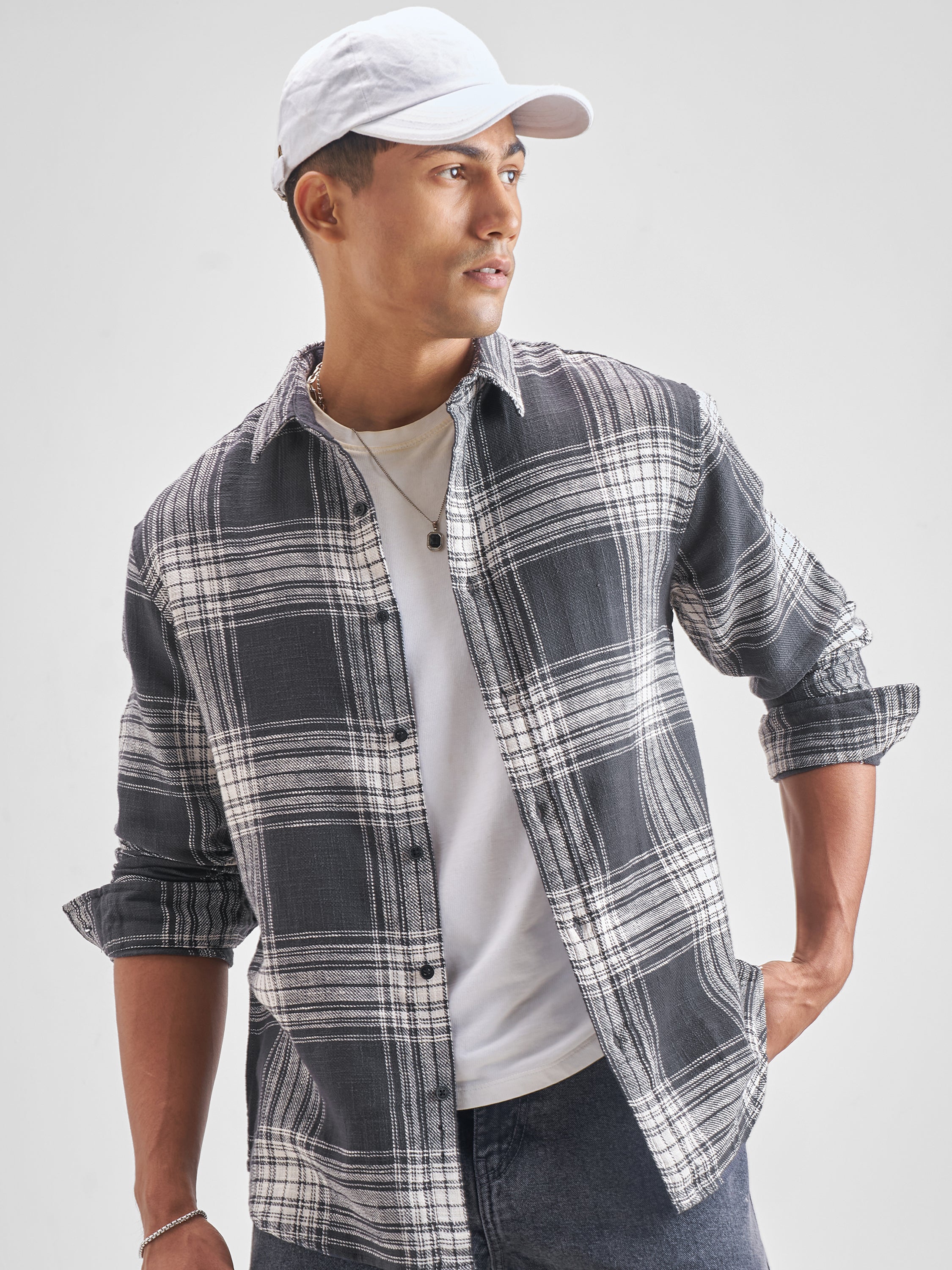 Highlander Men Charcoal Checked Relaxed Fit Casual Shirt - Charcoal - Image 1