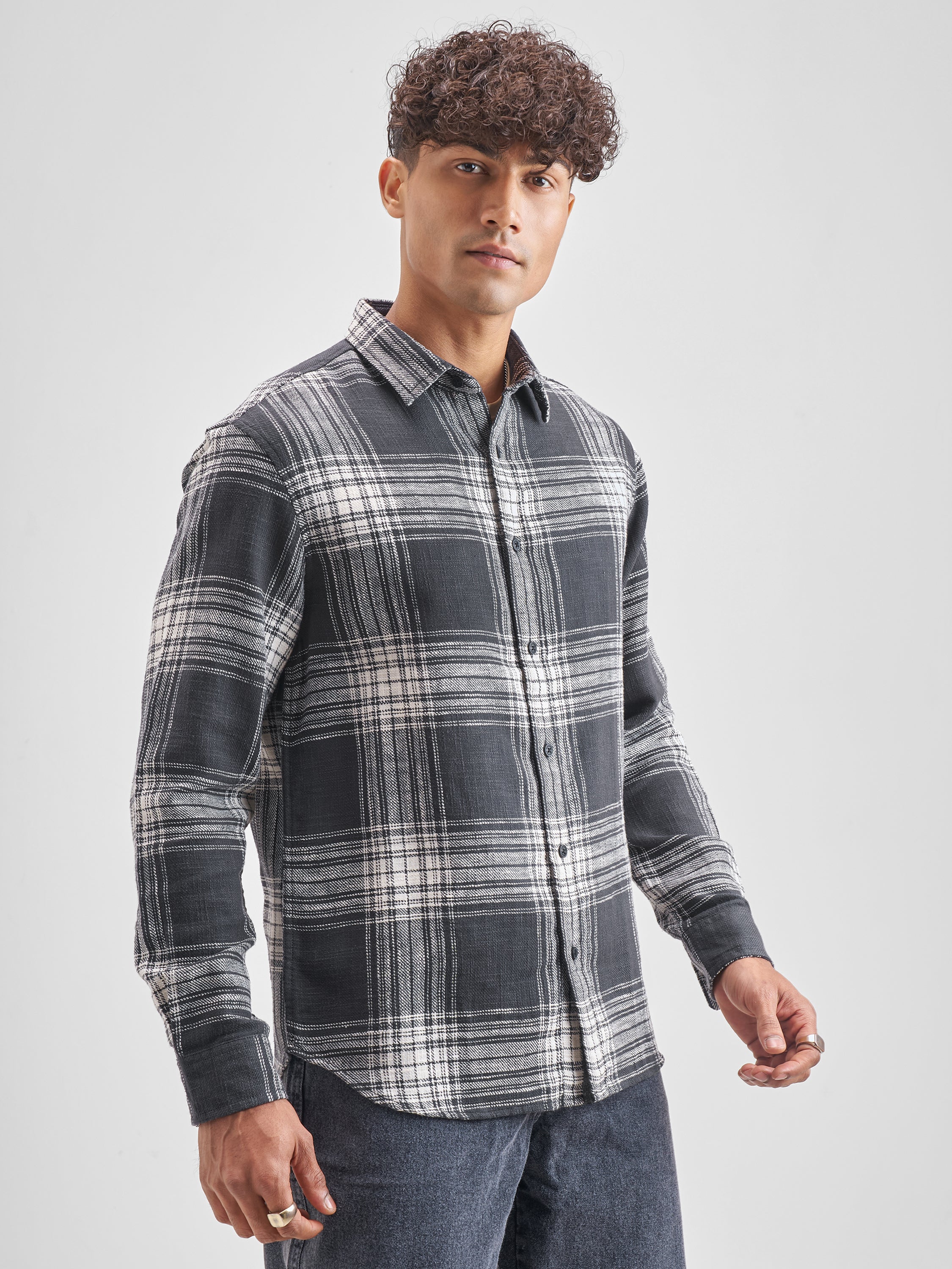 Highlander Men Charcoal Checked Relaxed Fit Casual Shirt - Charcoal - Image 6