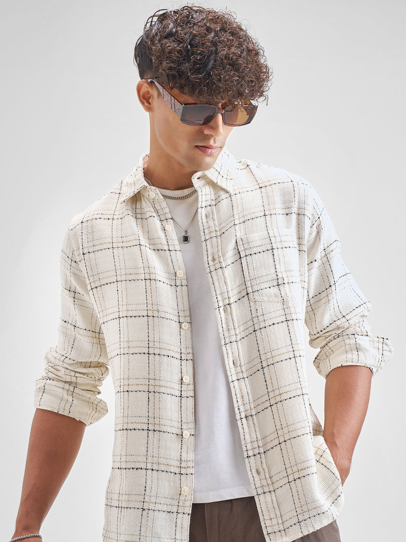 Highlander Men Off White Checked Slim Fit Casual Shirt - Off White - Image 1