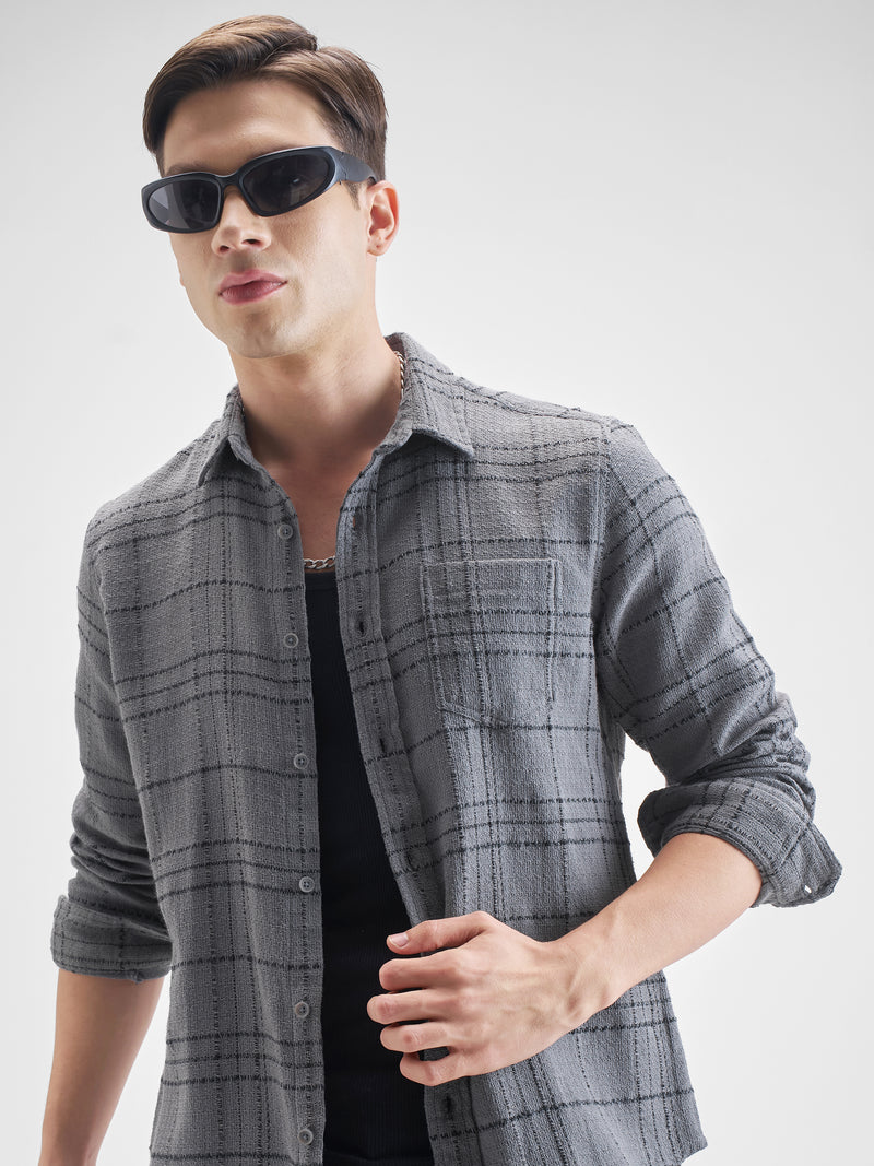 Highlander Men Grey Checked Slim Fit Casual Shirt - Grey - Image 1