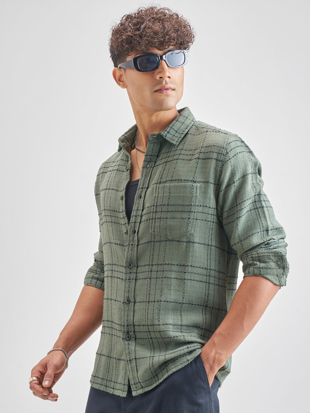 Highlander Men Green Green Checked Slim Fit Casual Shirt - Green - Image 4