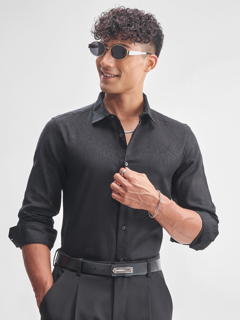 Highlander Men Black Self Design Slim Fit Casual Shirt - Black - Image 1