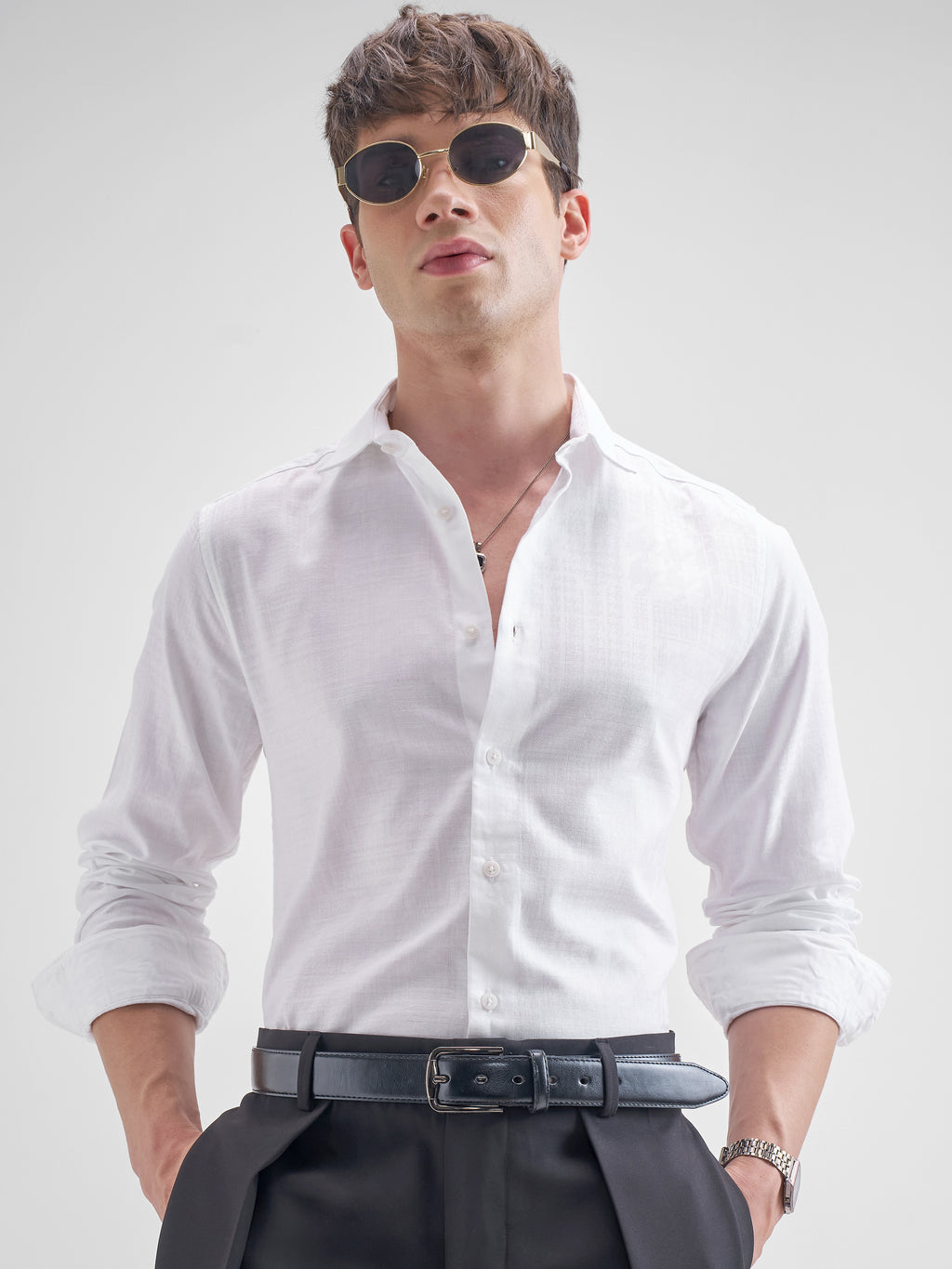 Highlander Men White Solid Slim Fit Casual Shirt - White - Image 1