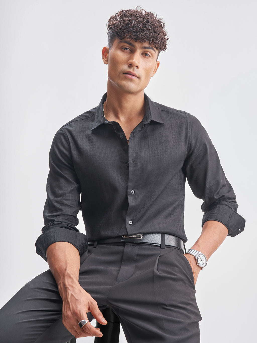 Highlander Men Black Self Design Slim Fit Casual Shirt - Black - Image 1