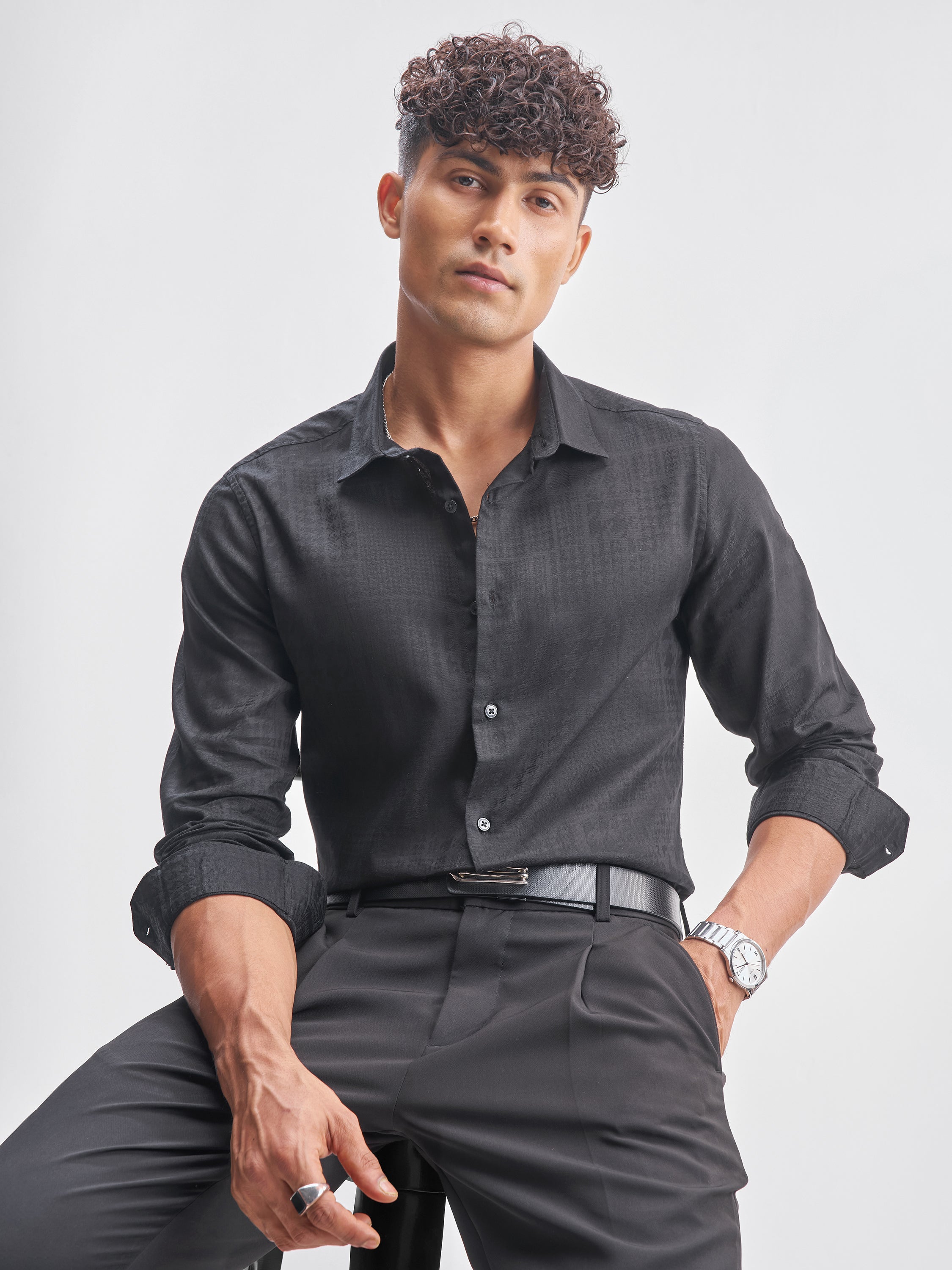 Highlander Men Black Self Design Slim Fit Casual Shirt - Black - Image 1