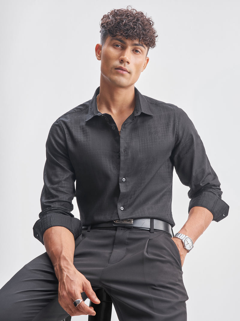 Highlander Men Black Self Design Slim Fit Casual Shirt - Black - Image 1