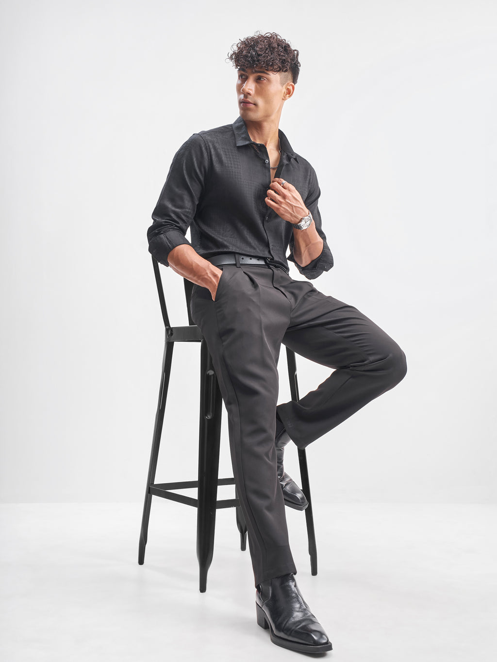 Highlander Men Black Self Design Slim Fit Casual Shirt - Black - Image 2