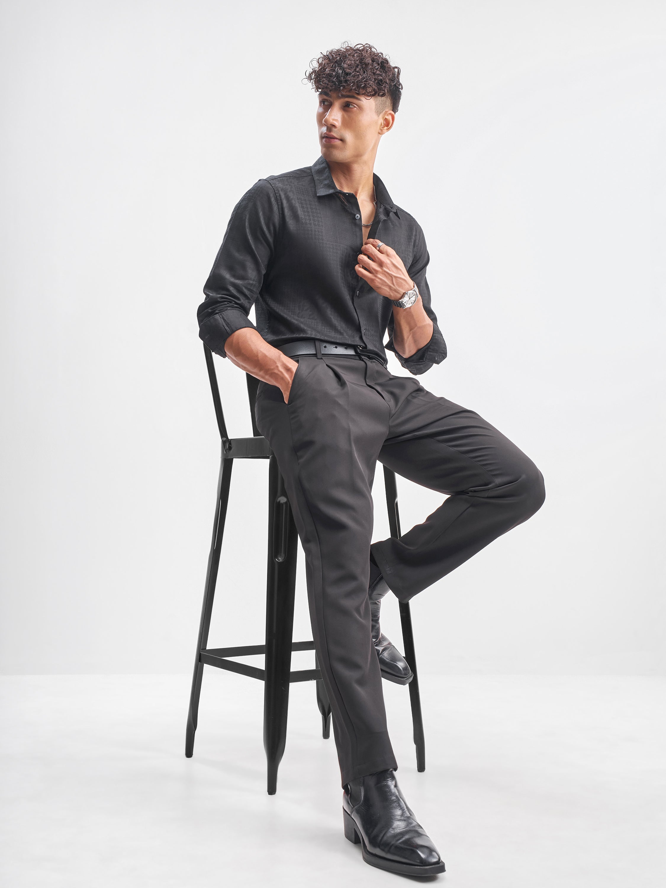 Highlander Men Black Self Design Slim Fit Casual Shirt - Black - Image 2