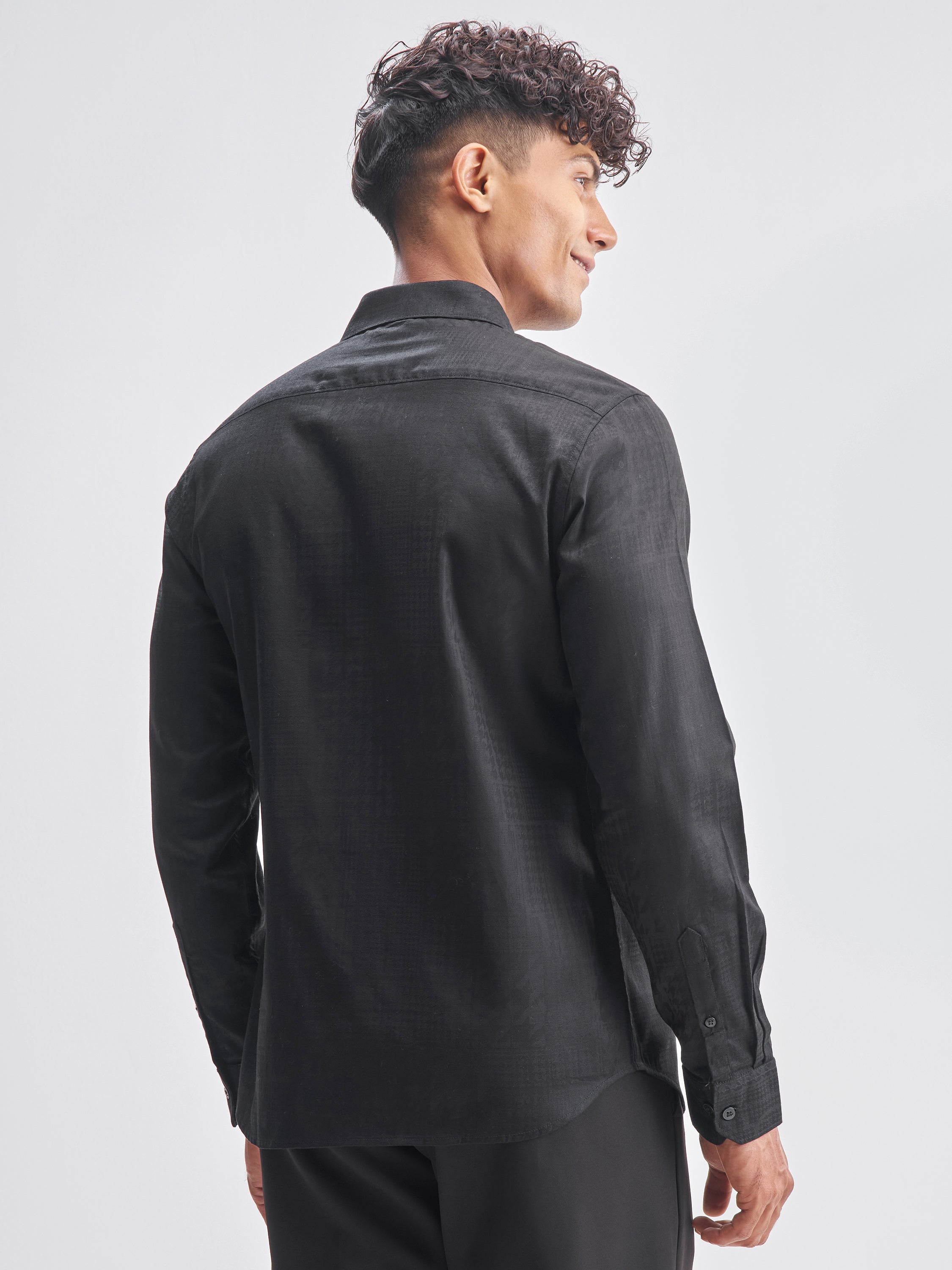 Highlander Men Black Self Design Slim Fit Casual Shirt - Black - Image 3