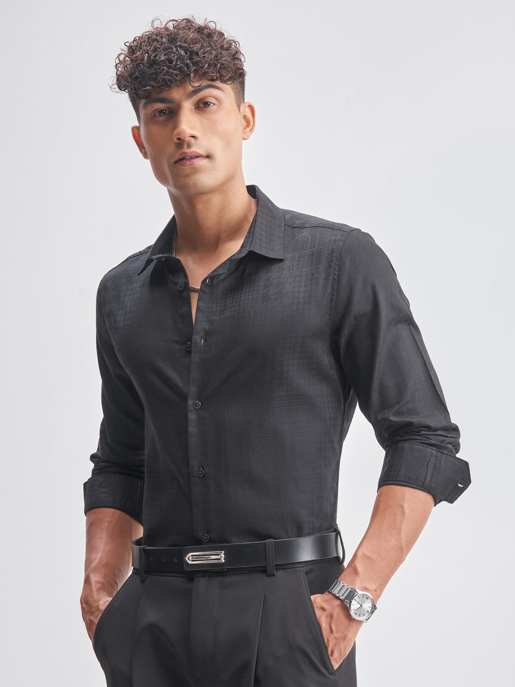 Highlander Men Black Self Design Slim Fit Casual Shirt - Black - Image 4