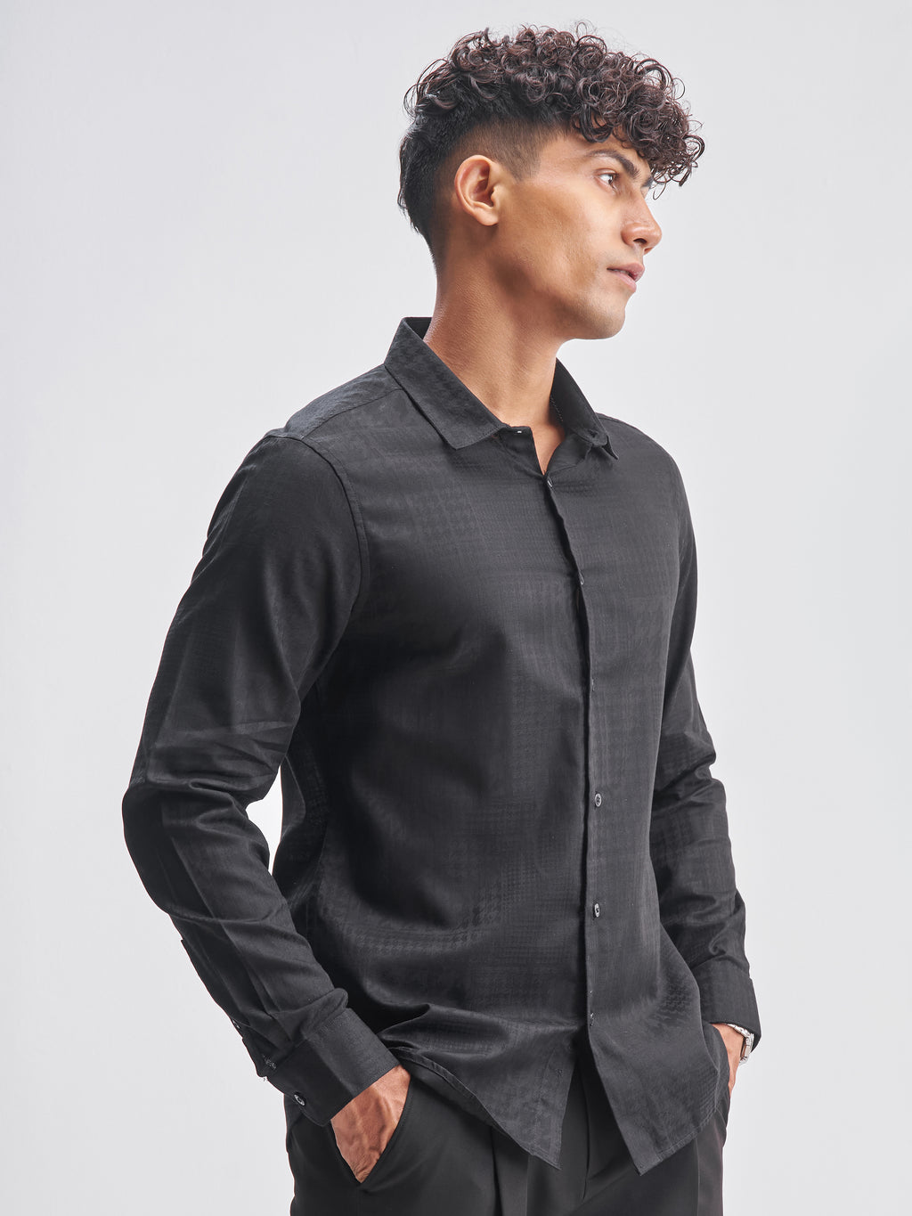 Highlander Men Black Self Design Slim Fit Casual Shirt - Black - Image 6