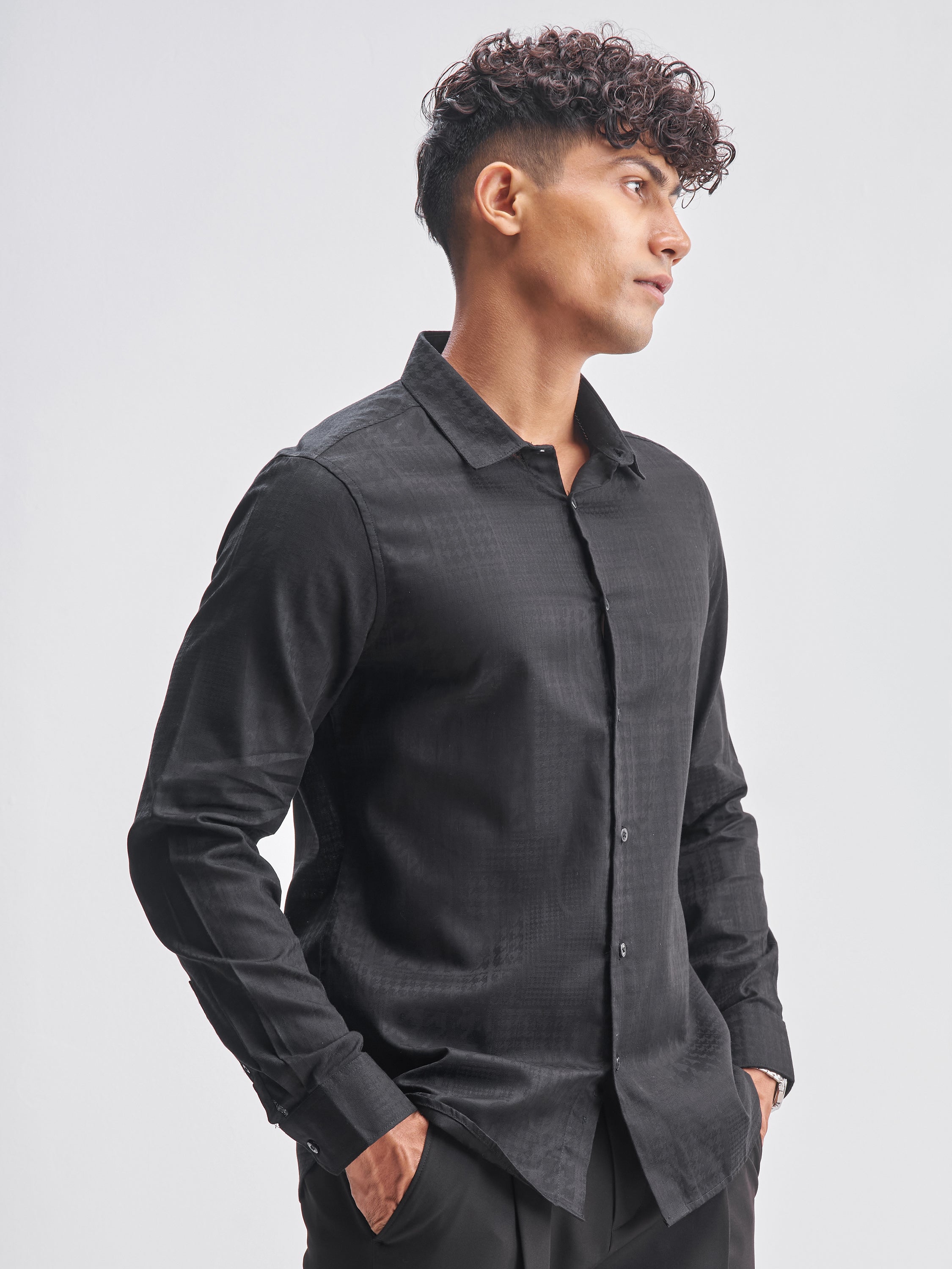 Highlander Men Black Self Design Slim Fit Casual Shirt - Black - Image 6