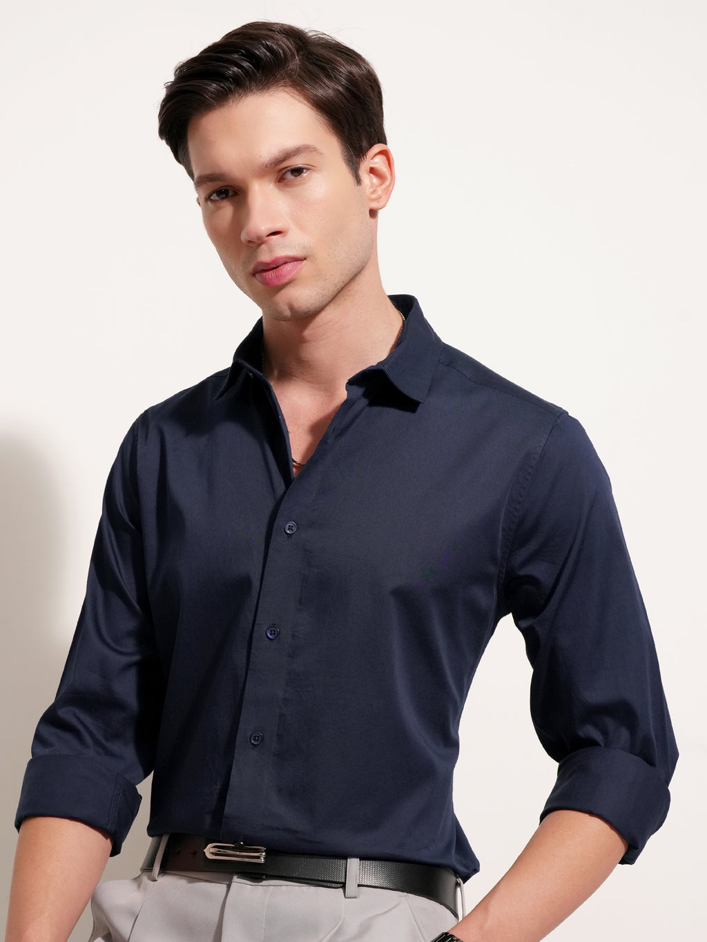 Highlander Men Navy Blue Solid Slim Fit Casual Shirt - Navy Blue - Image 1