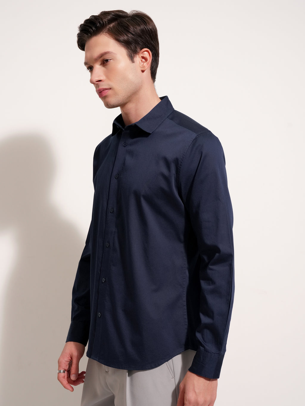 Highlander Men Navy Blue Solid Slim Fit Casual Shirt - Navy Blue - Image 4