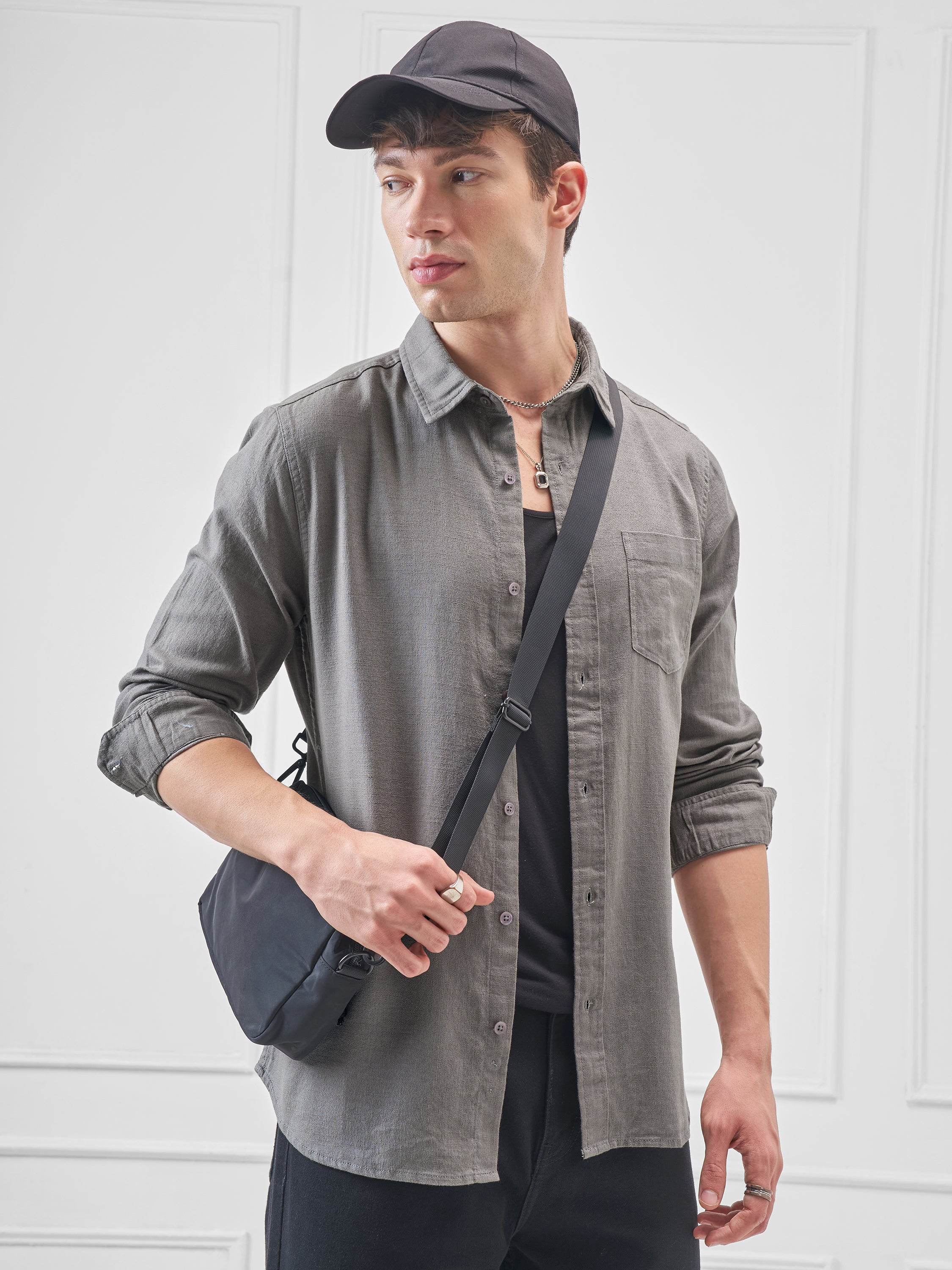 Highlander Men Grey Solid Slim Fit Casual Shirt - Grey - Image 6