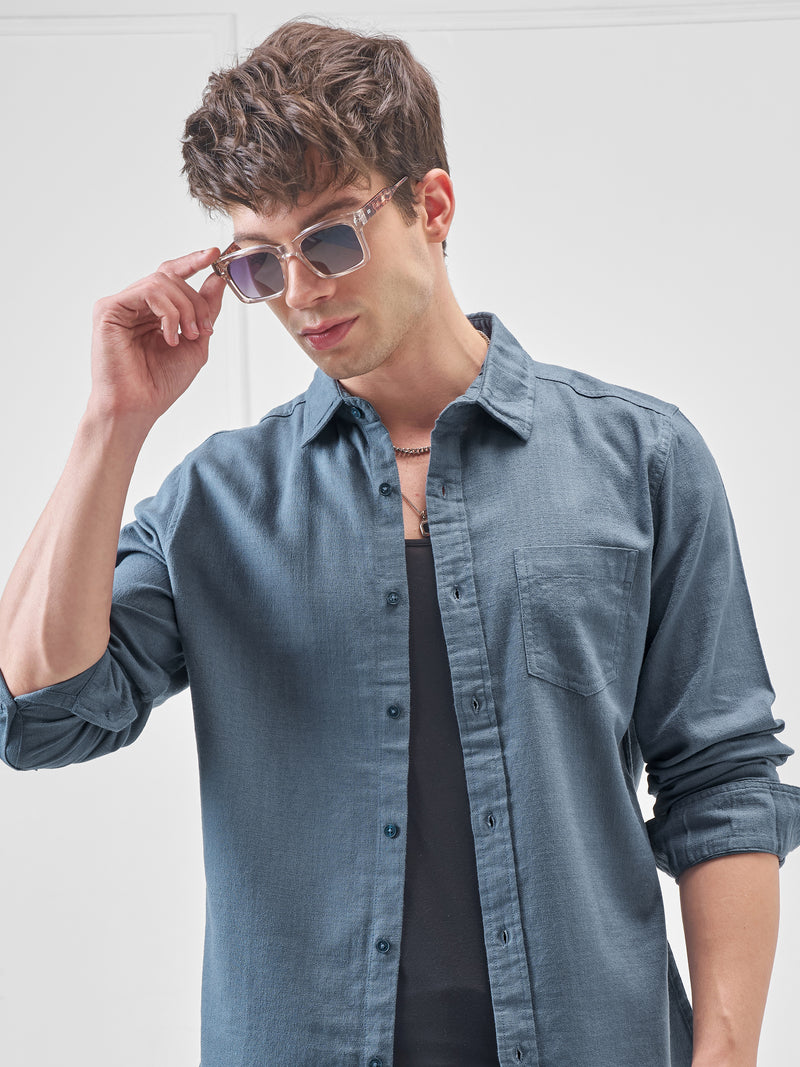 Highlander Men Blue Solid Slim Fit Casual Shirt - Blue - Image 1