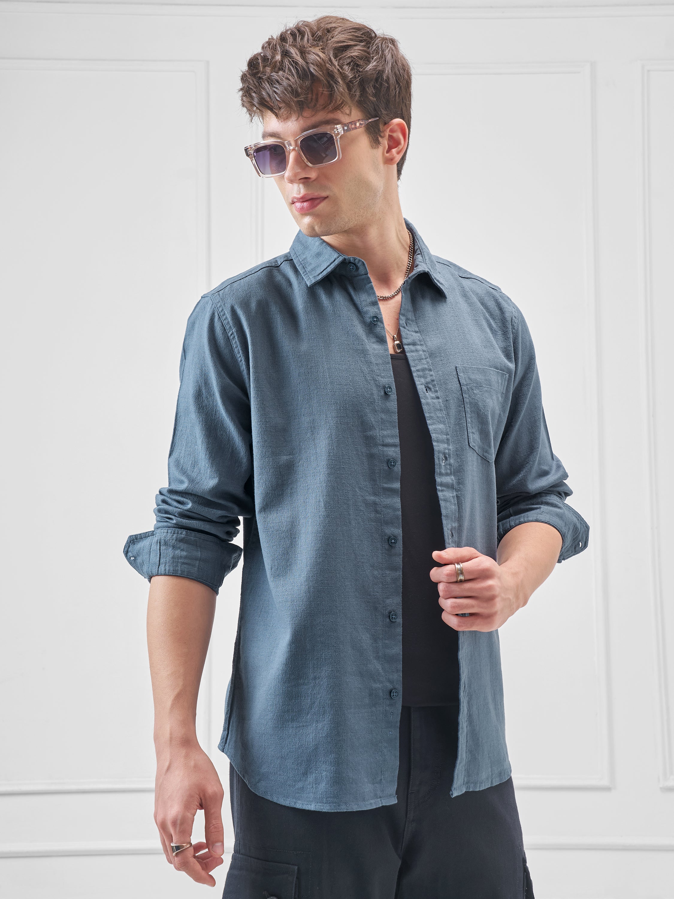 Highlander Men Blue Solid Slim Fit Casual Shirt - Blue - Image 6