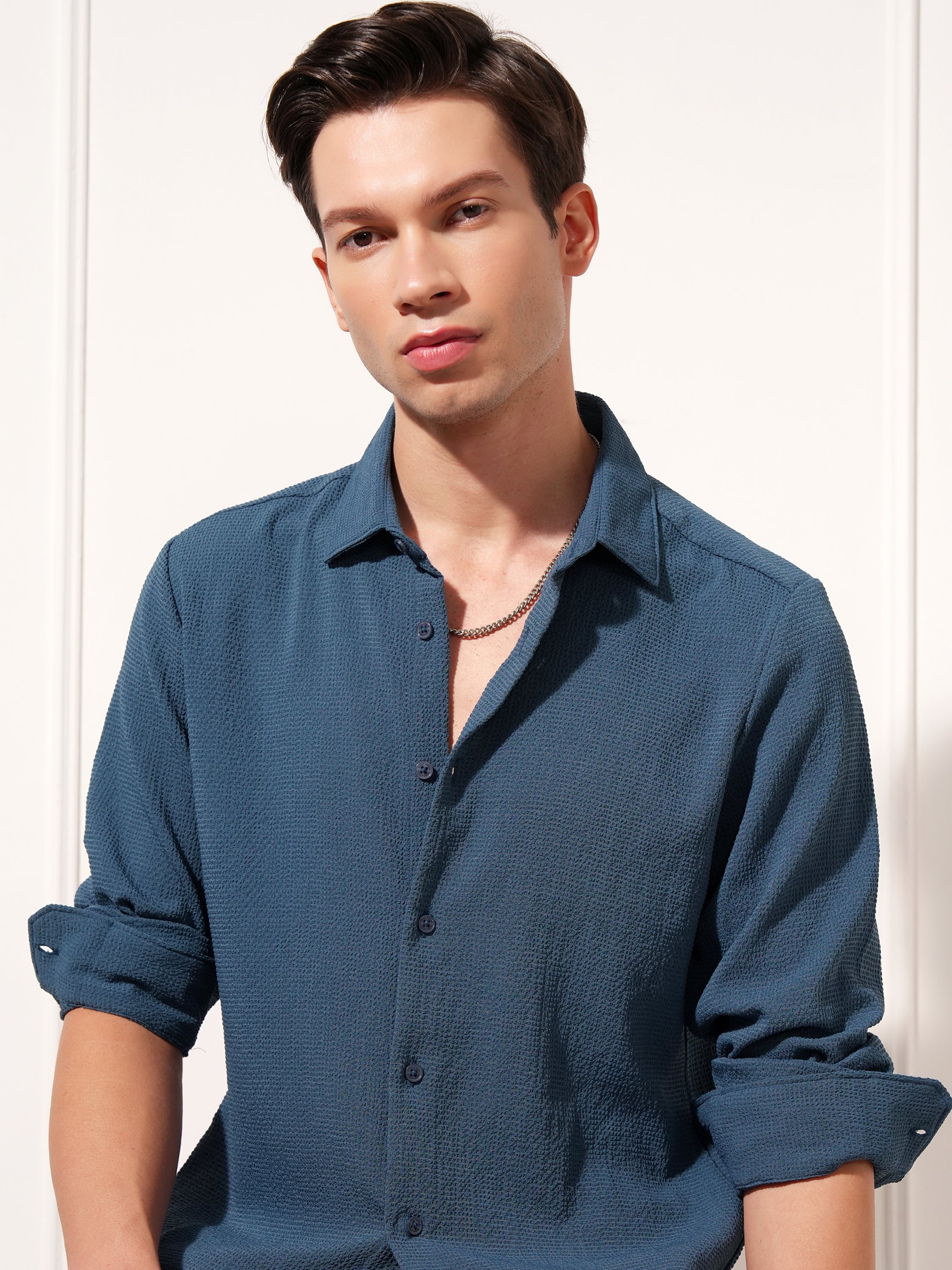 Highlander Men Navy Blue Self Design Slim Fit Casual Shirt - Navy Blue - Image 1