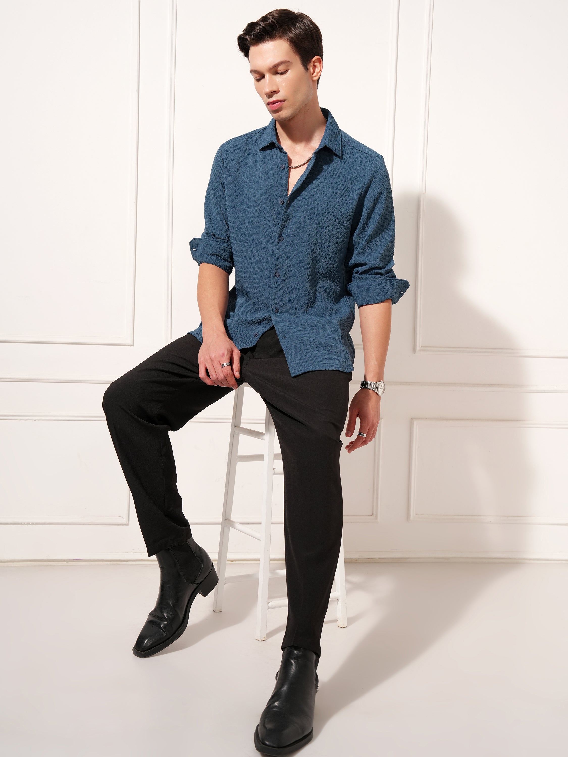 Highlander Men Navy Blue Self Design Slim Fit Casual Shirt - Navy Blue - Image 2