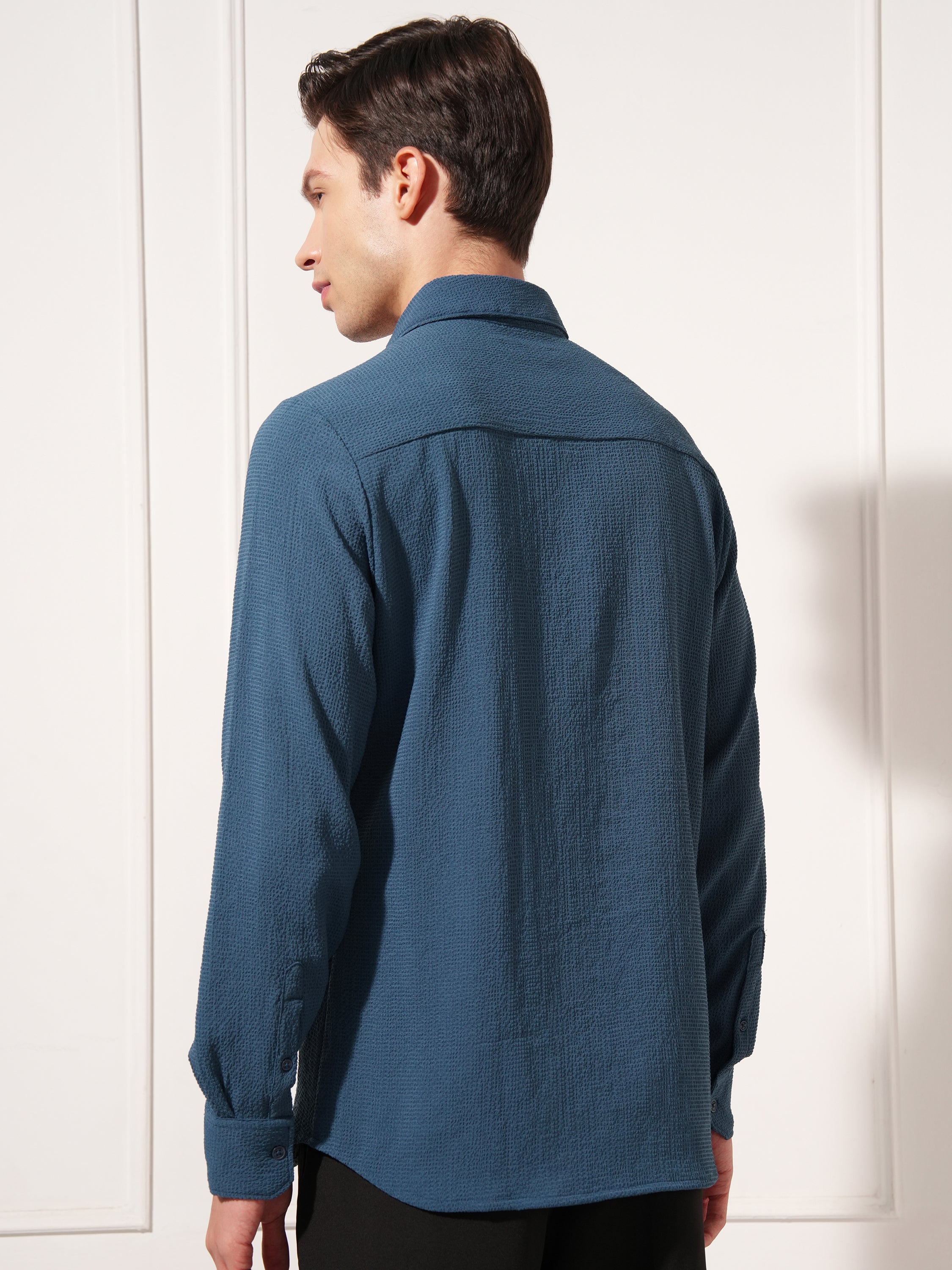 Highlander Men Navy Blue Self Design Slim Fit Casual Shirt - Navy Blue - Image 3