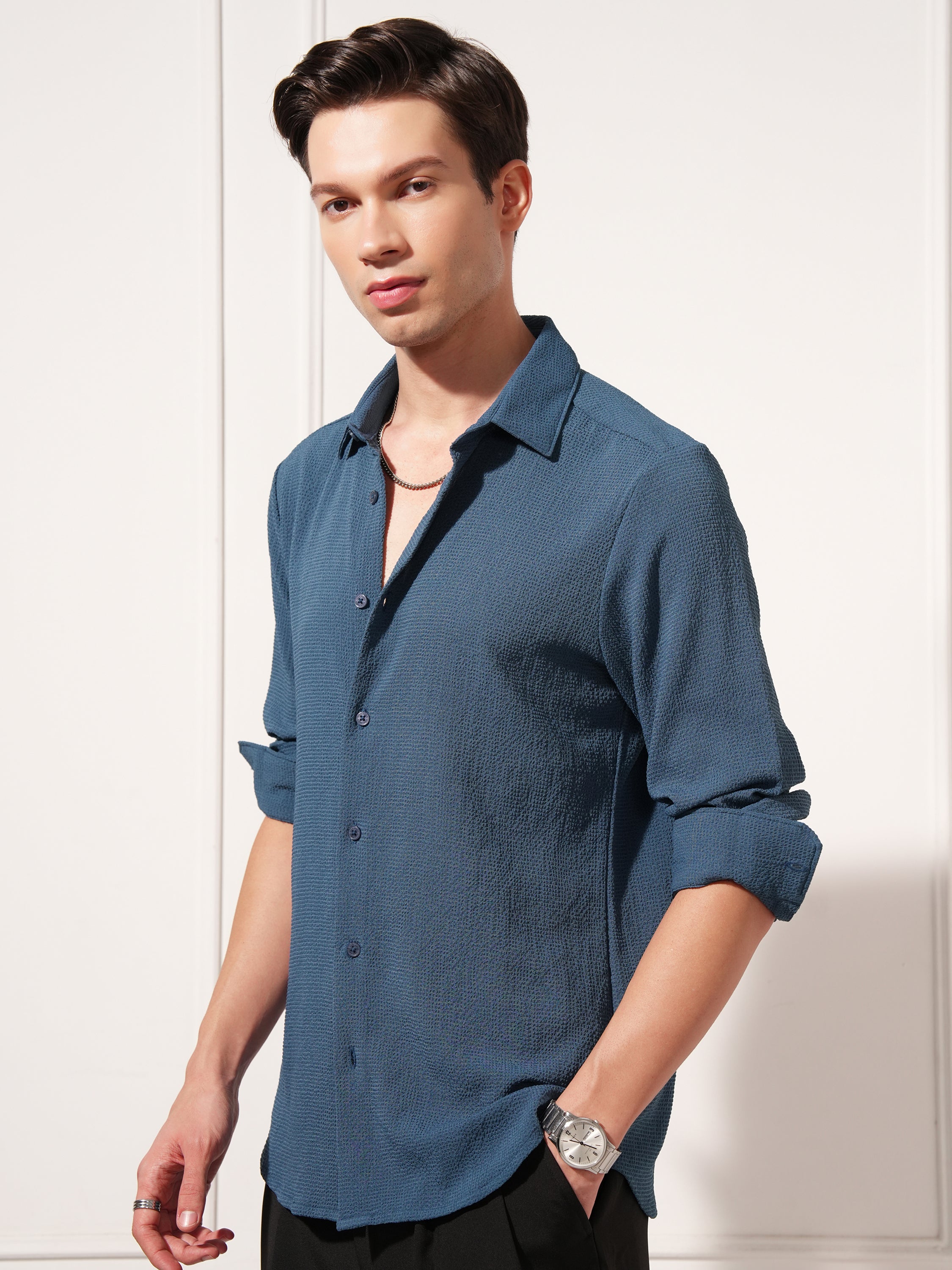 Highlander Men Navy Blue Self Design Slim Fit Casual Shirt - Navy Blue - Image 4