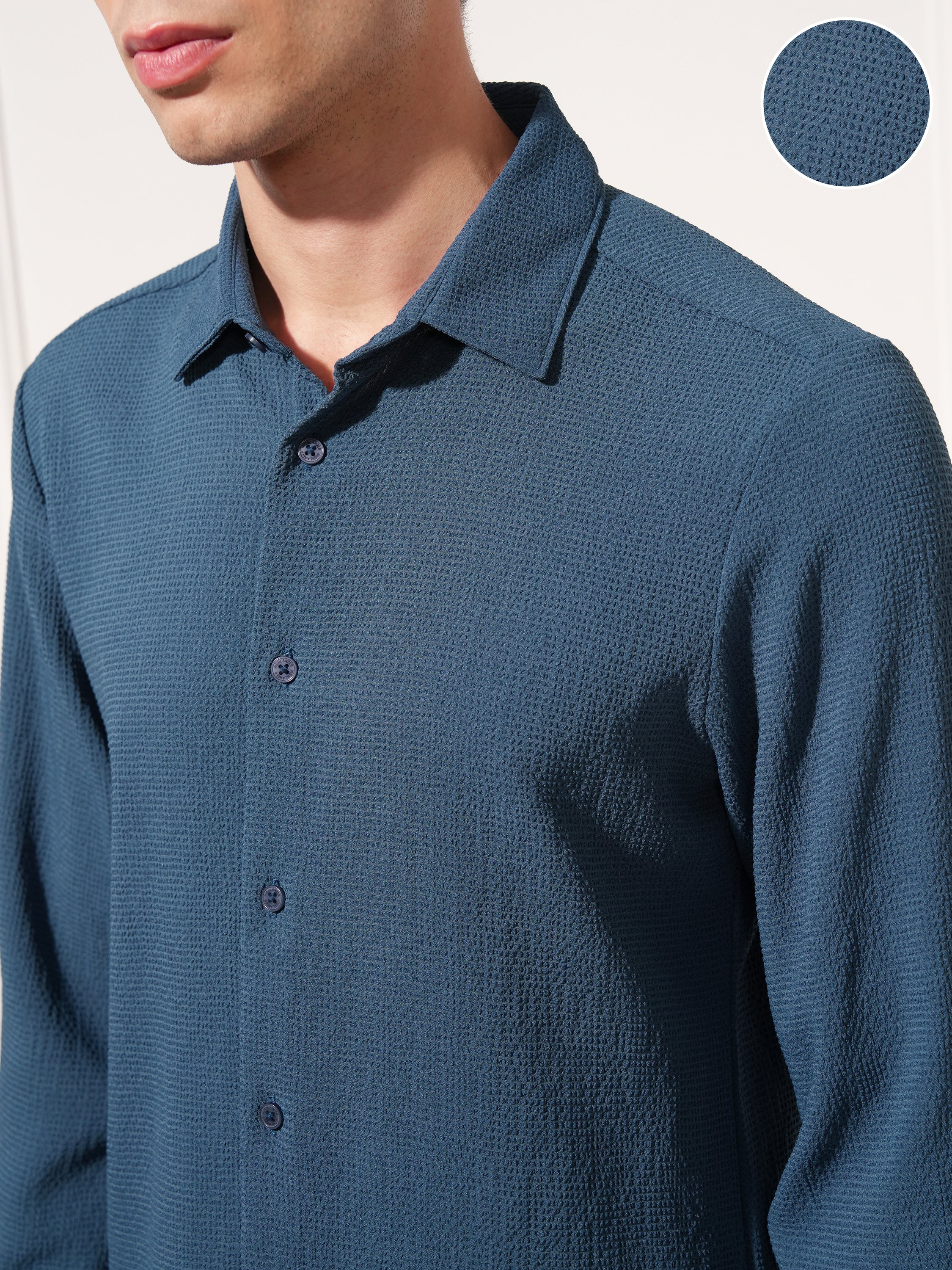 Highlander Men Navy Blue Self Design Slim Fit Casual Shirt - Navy Blue - Image 5