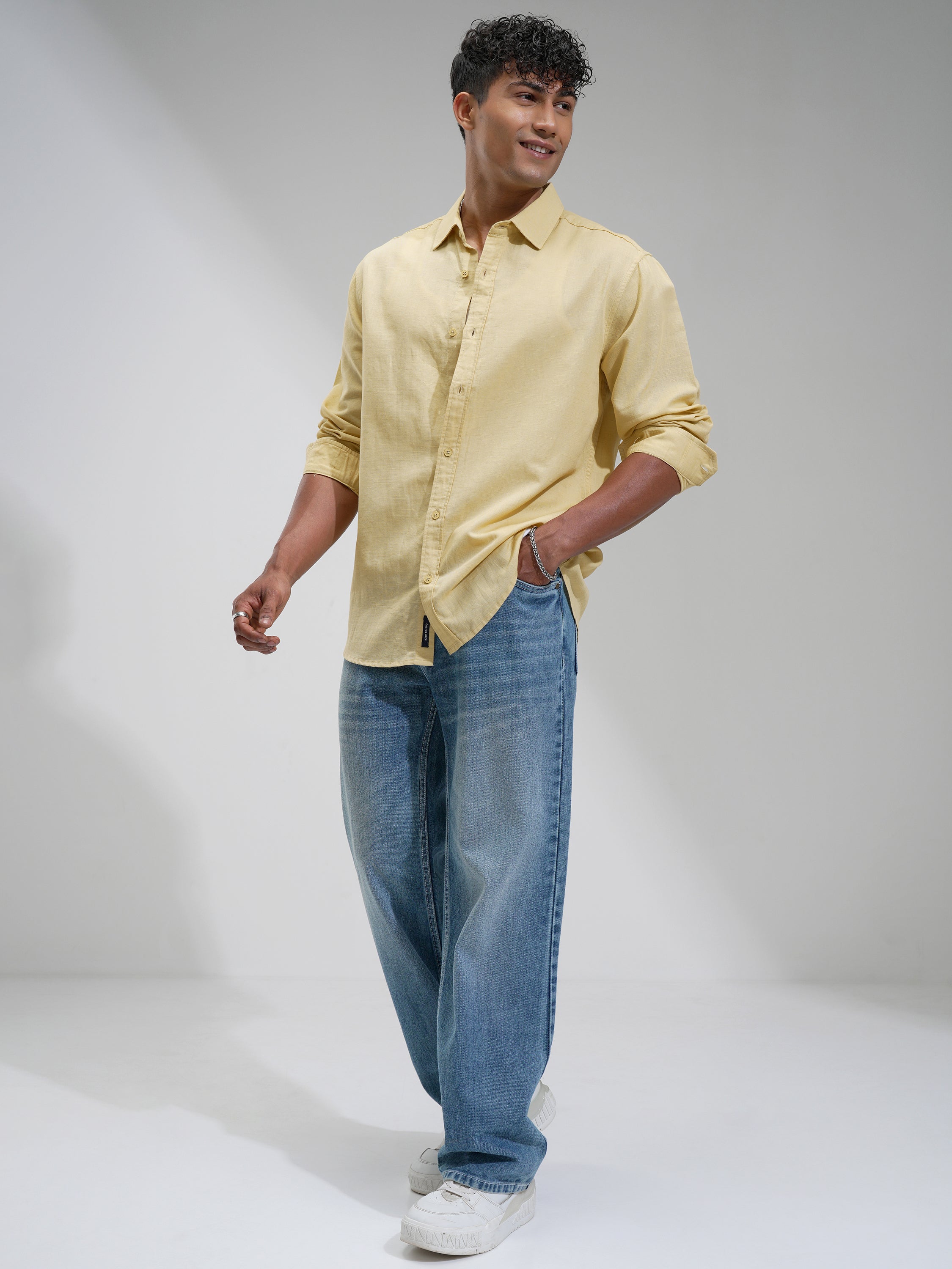 Highlander Men Yellow Self Design Relaxed Fit Casual Shirt - Yellow - Image 2