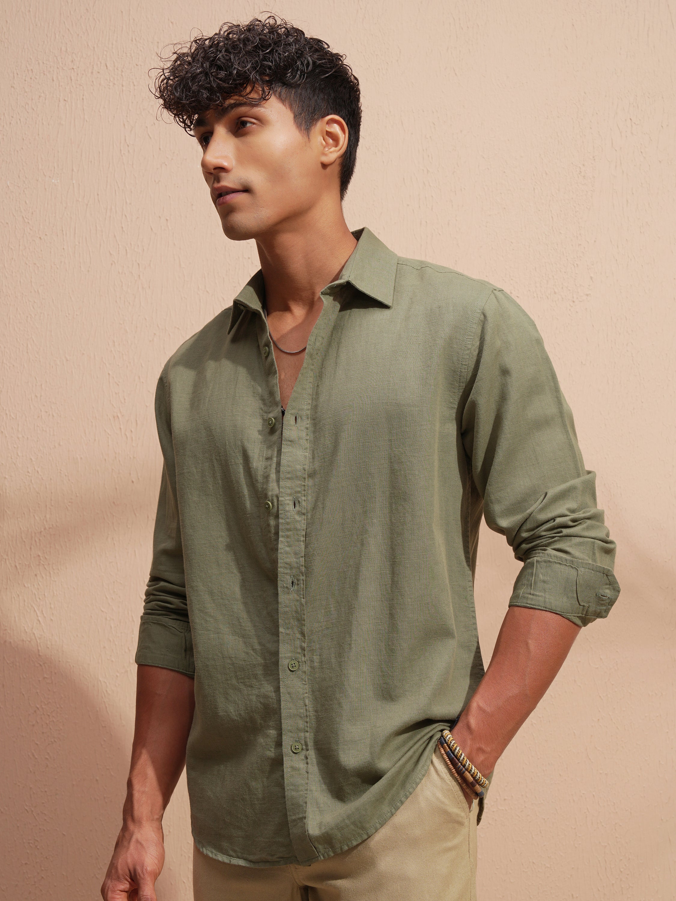 Highlander Men Green Self Design Relaxed Fit Casual Shirt - Green - Image 4