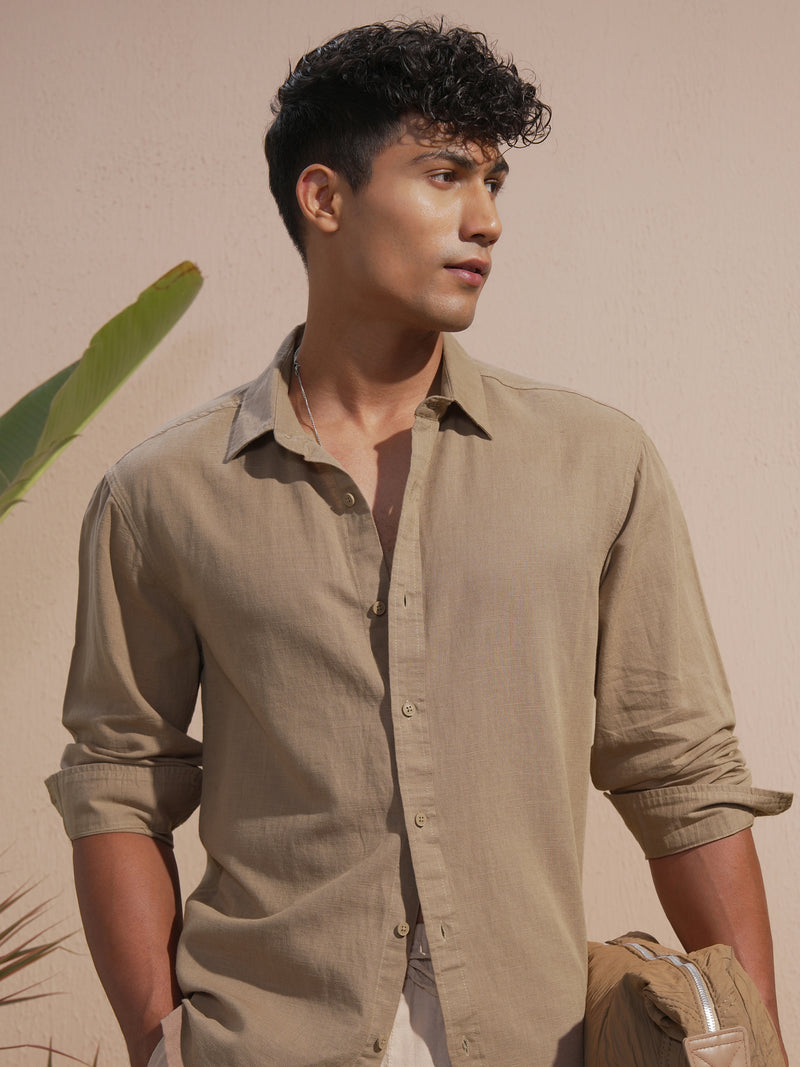 Highlander Men Khaki Solid Relaxed Fit Casual Shirt - Khaki - Image 1