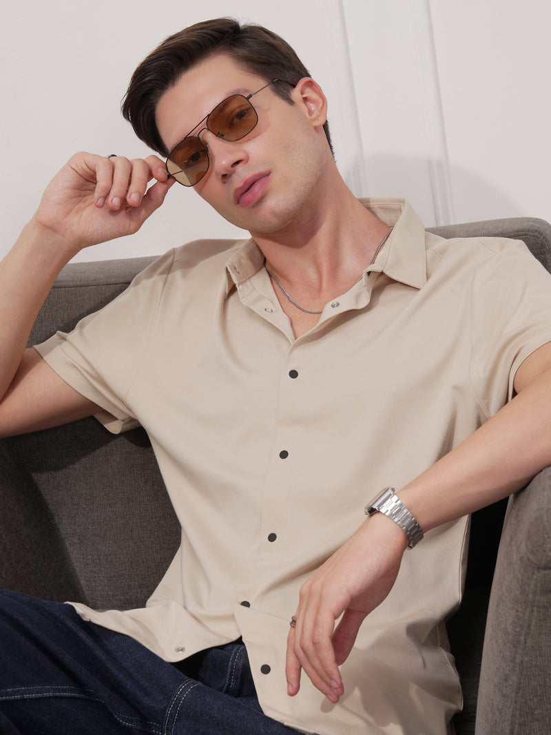 Highlander Men Beige Solid Slim Fit Casual Shirt - Beige - Image 1