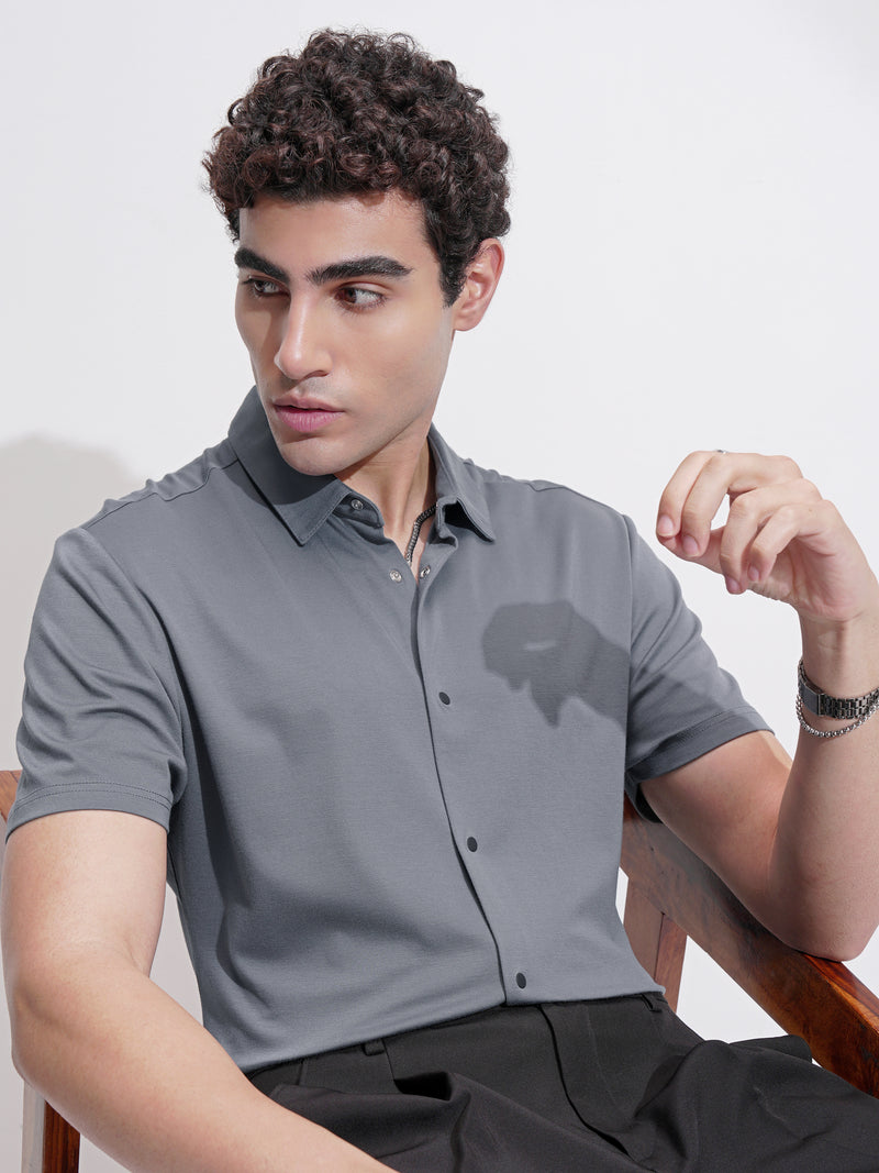 Highlander Men Grey Self Design Slim Fit Casual Shirt - Grey - Image 1