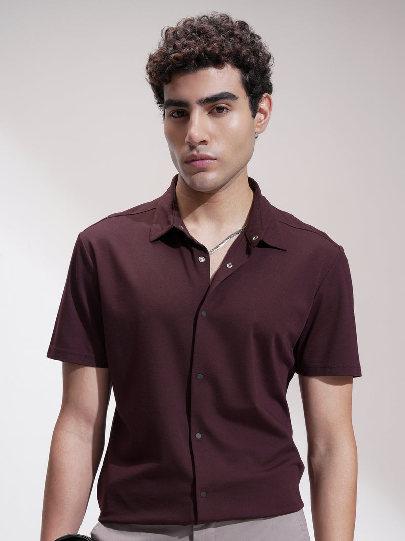 Highlander Men Maroon Self Design Slim Fit Casual Shirt - Maroon - Image 1