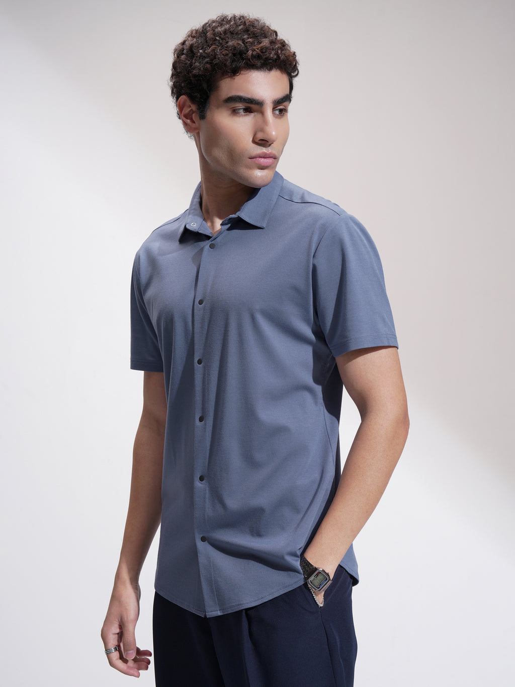 Highlander Men Blue Self Design Slim Fit Casual Shirt - Blue - Image 4