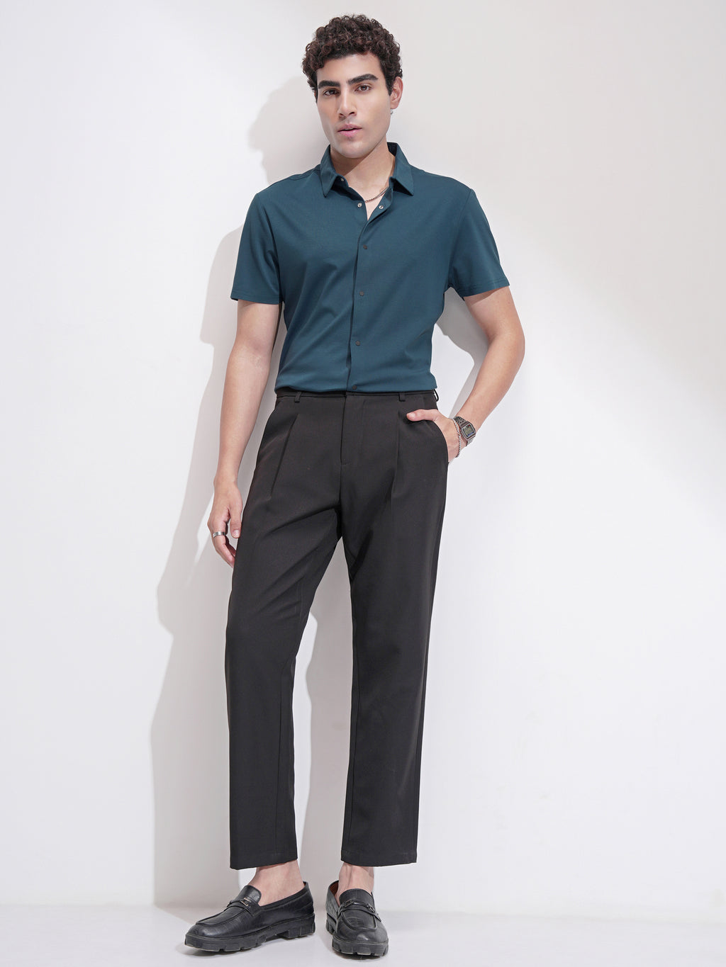 Highlander Men Teal Self Design Slim Fit Casual Shirt - Teal - Image 2