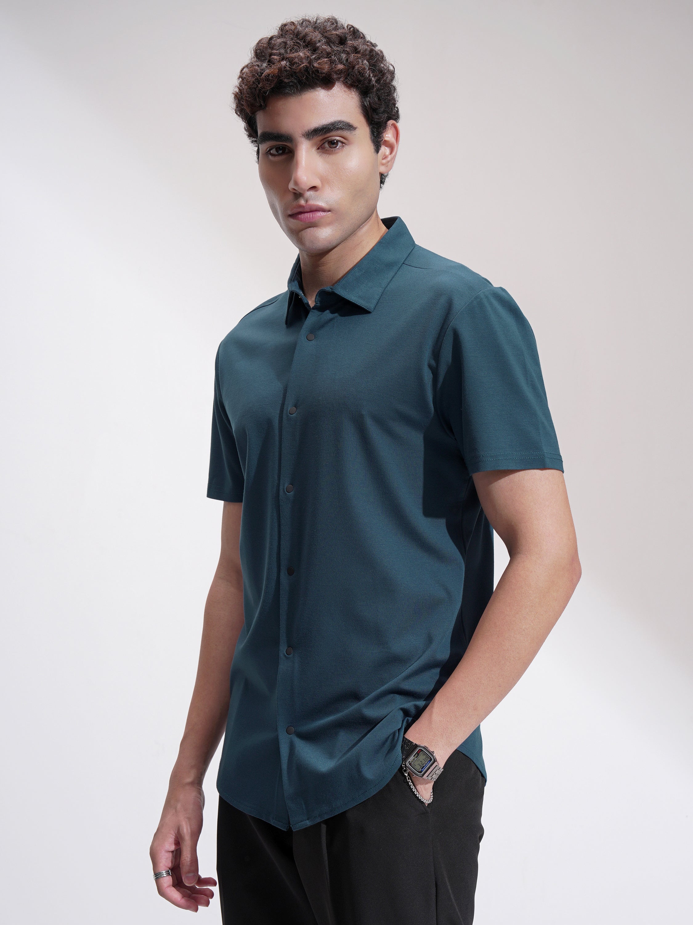 Highlander Men Teal Self Design Slim Fit Casual Shirt - Teal - Image 4