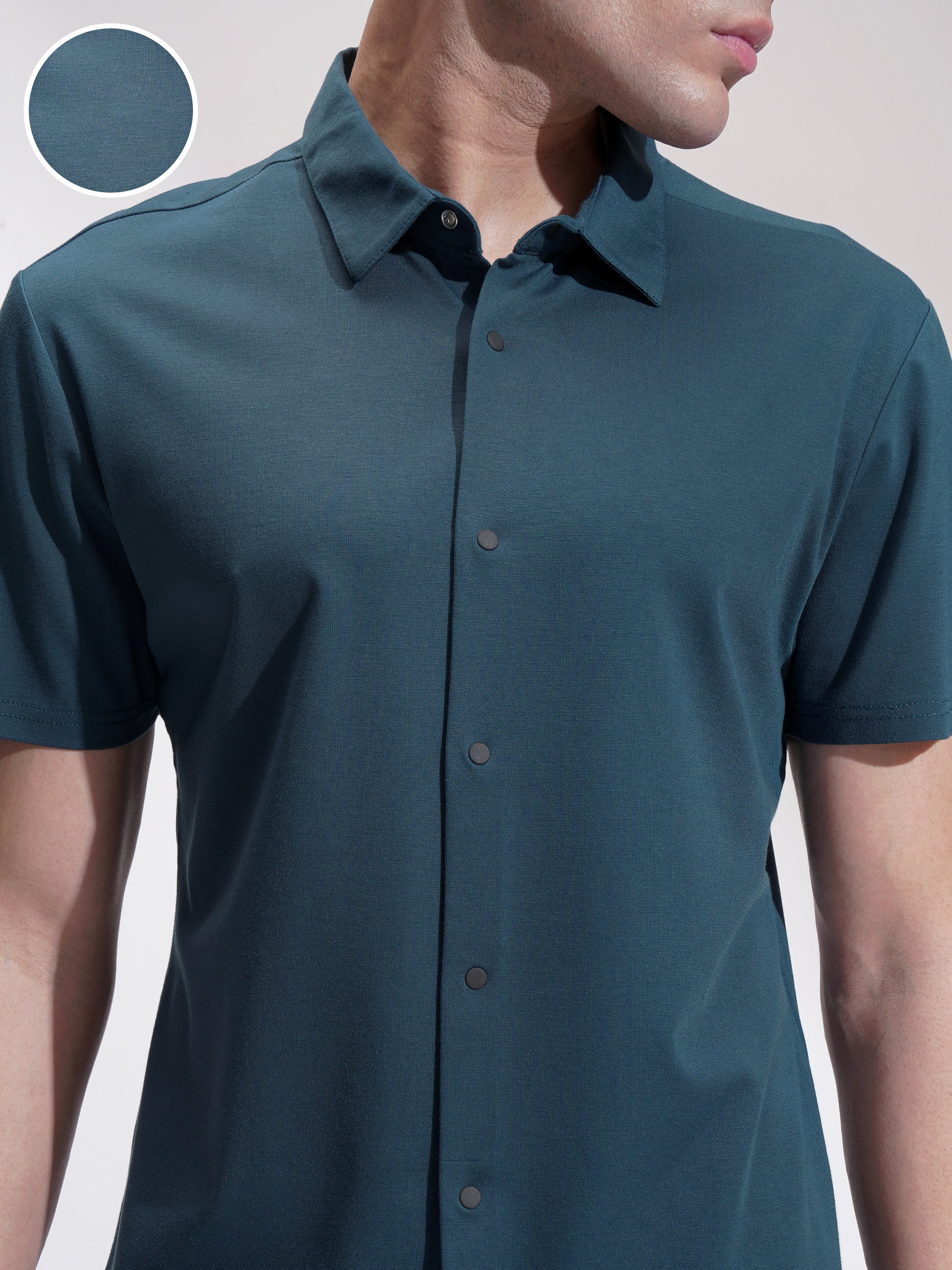 Highlander Men Teal Self Design Slim Fit Casual Shirt - Teal - Image 5