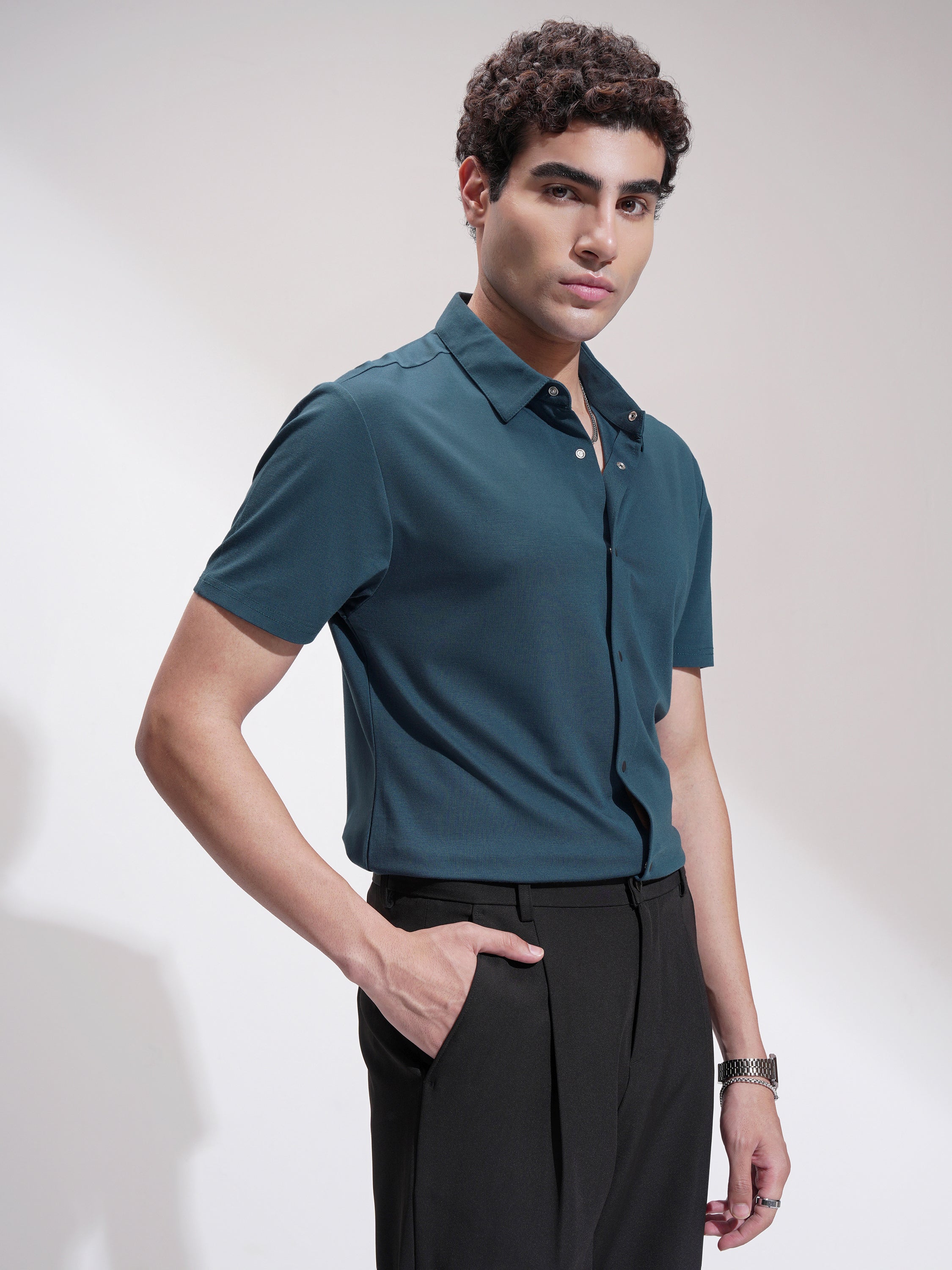 Highlander Men Teal Self Design Slim Fit Casual Shirt - Teal - Image 6