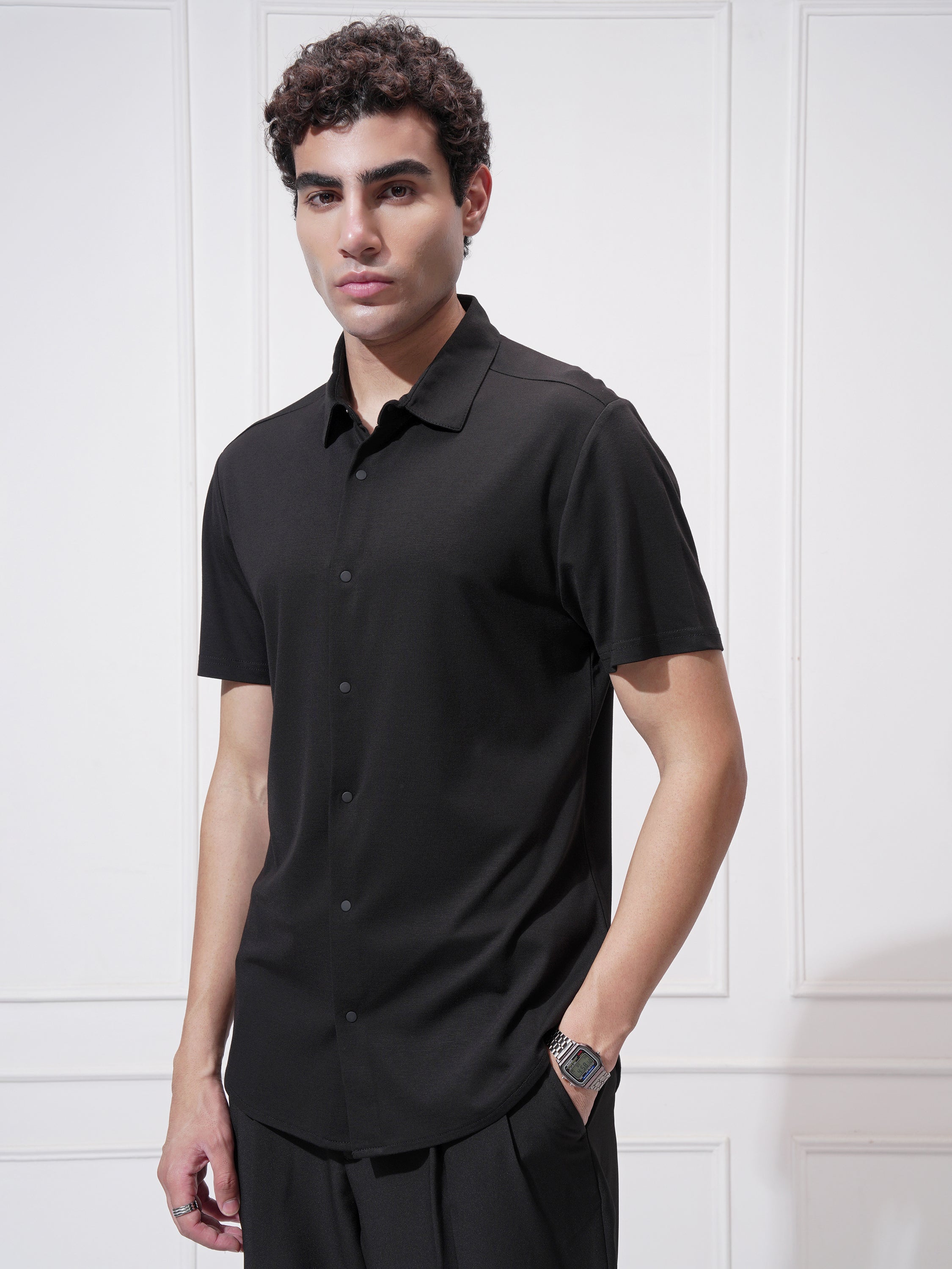 Highlander Men Black Self Design Slim Fit Casual Shirt - Black - Image 4