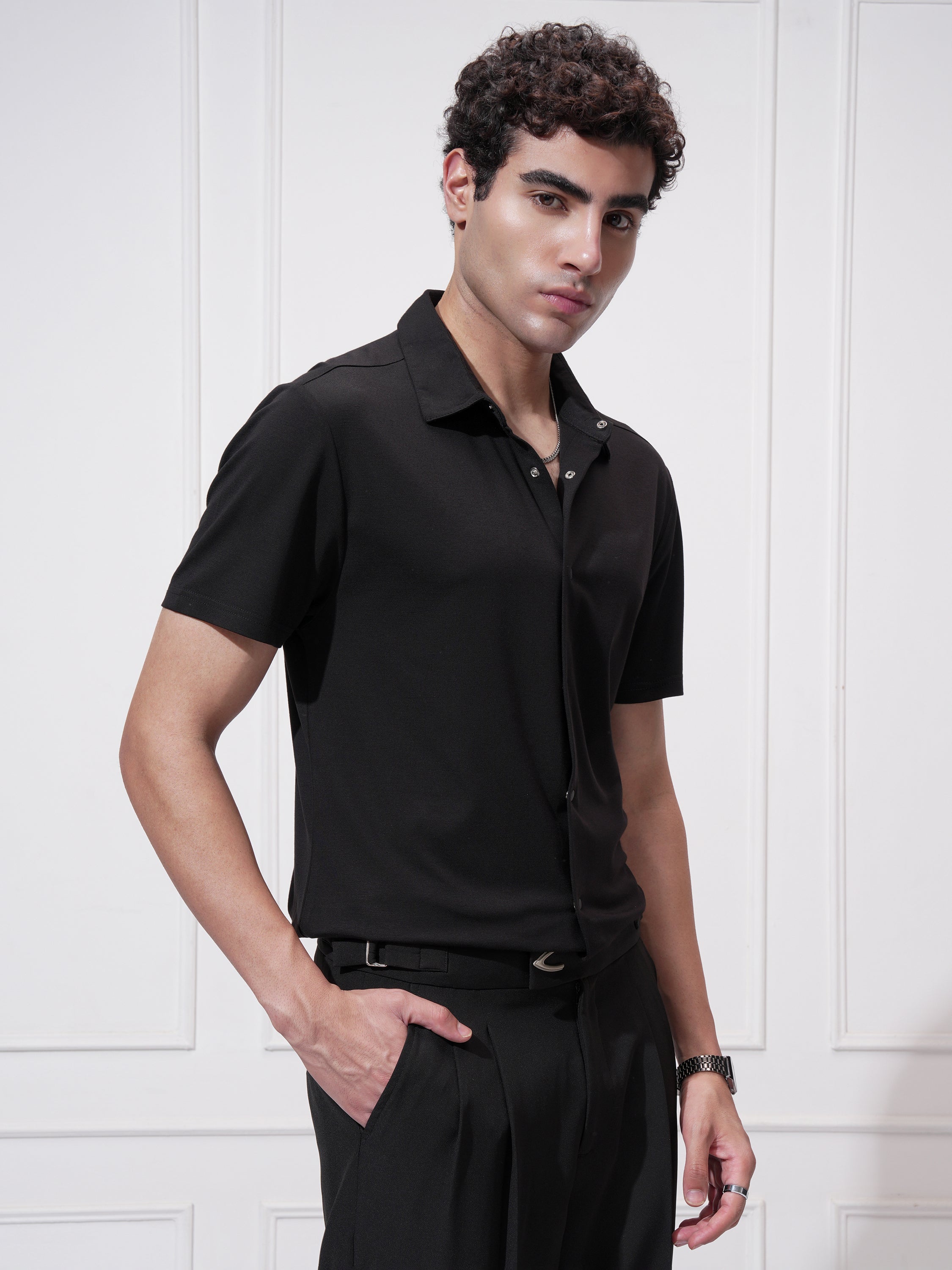 Highlander Men Black Self Design Slim Fit Casual Shirt - Black - Image 6