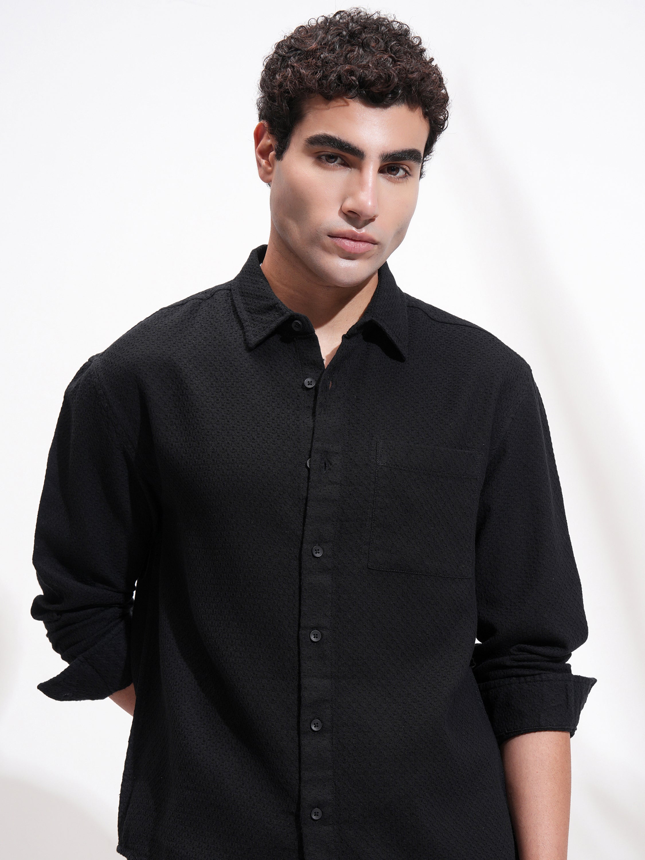 Highlander Men Black Self Design Relaxed Fit Casual Shirt - Black - Image 1