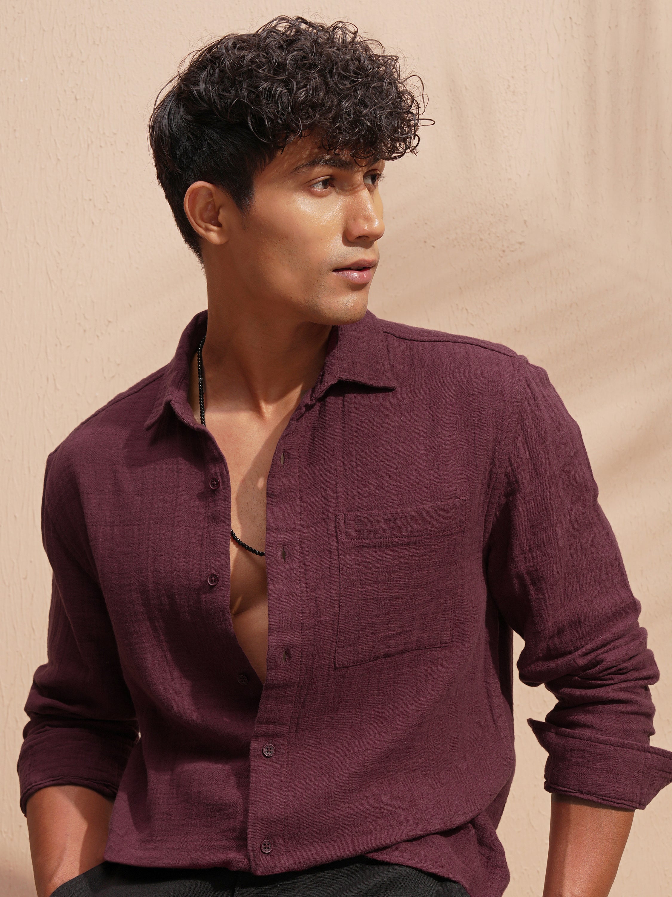 Highlander Men Maroon Self Design Relaxed Fit Casual Shirt - Maroon - Image 1