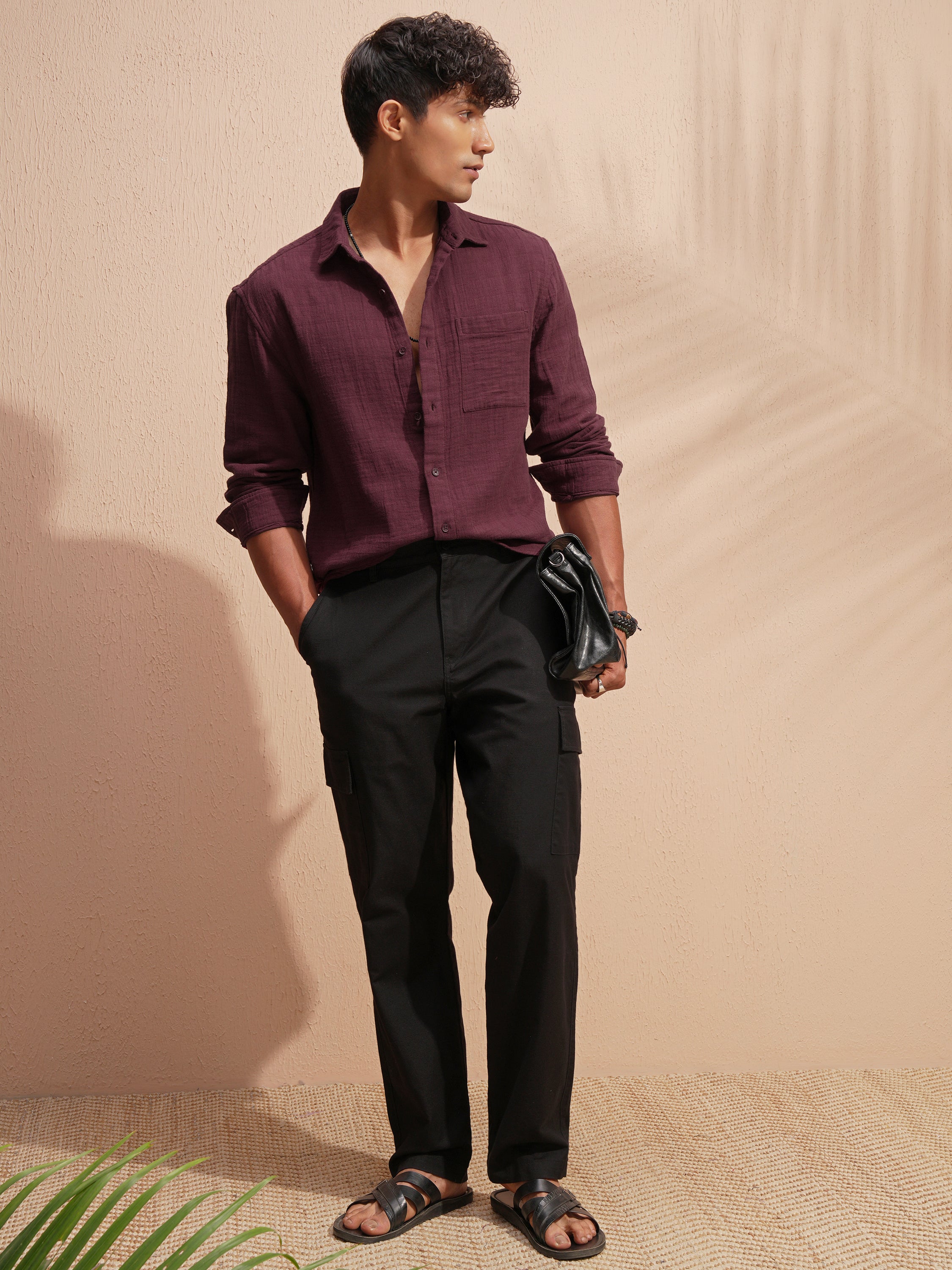 Highlander Men Maroon Self Design Relaxed Fit Casual Shirt - Maroon - Image 2