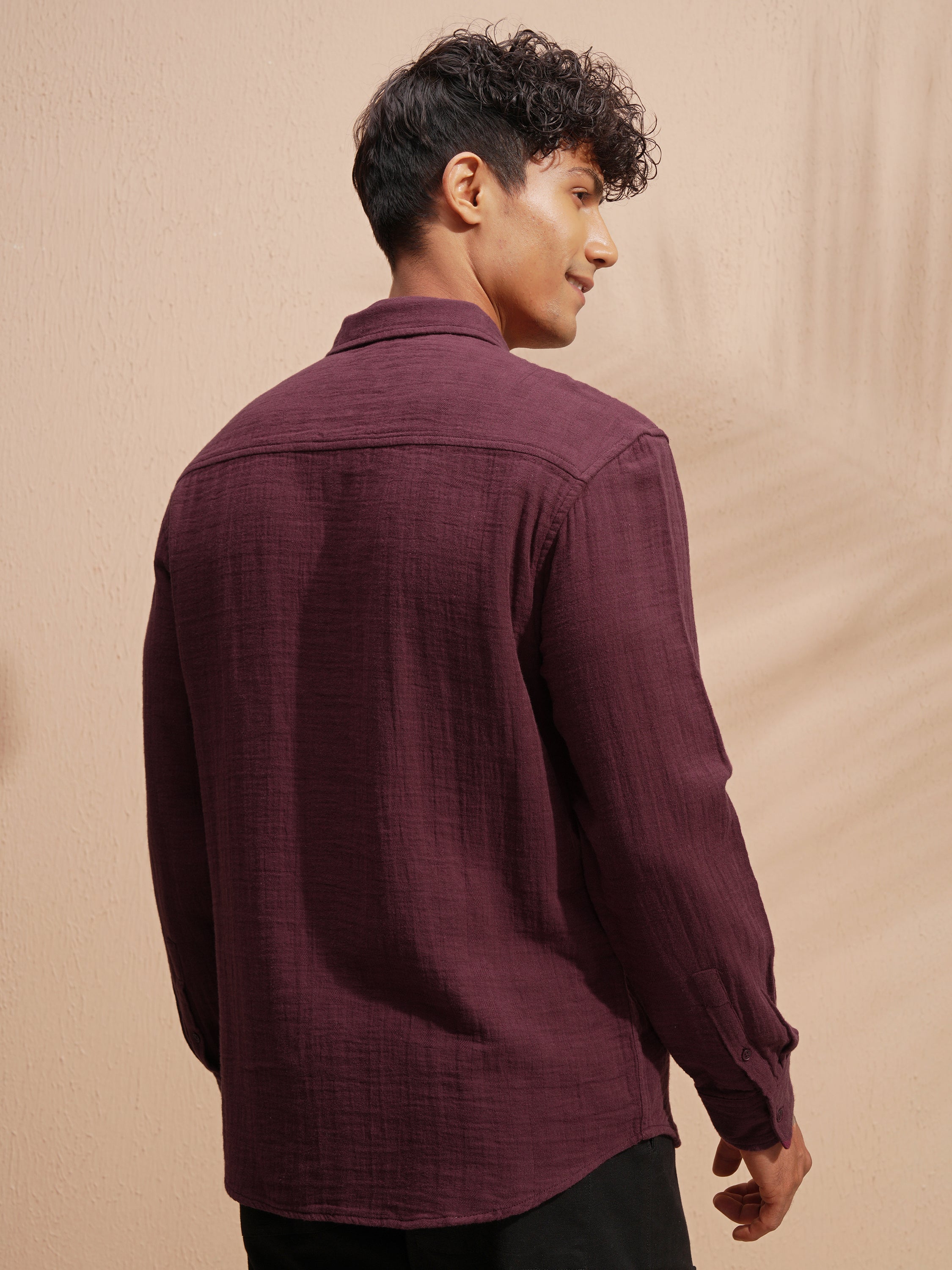 Highlander Men Maroon Self Design Relaxed Fit Casual Shirt - Maroon - Image 3