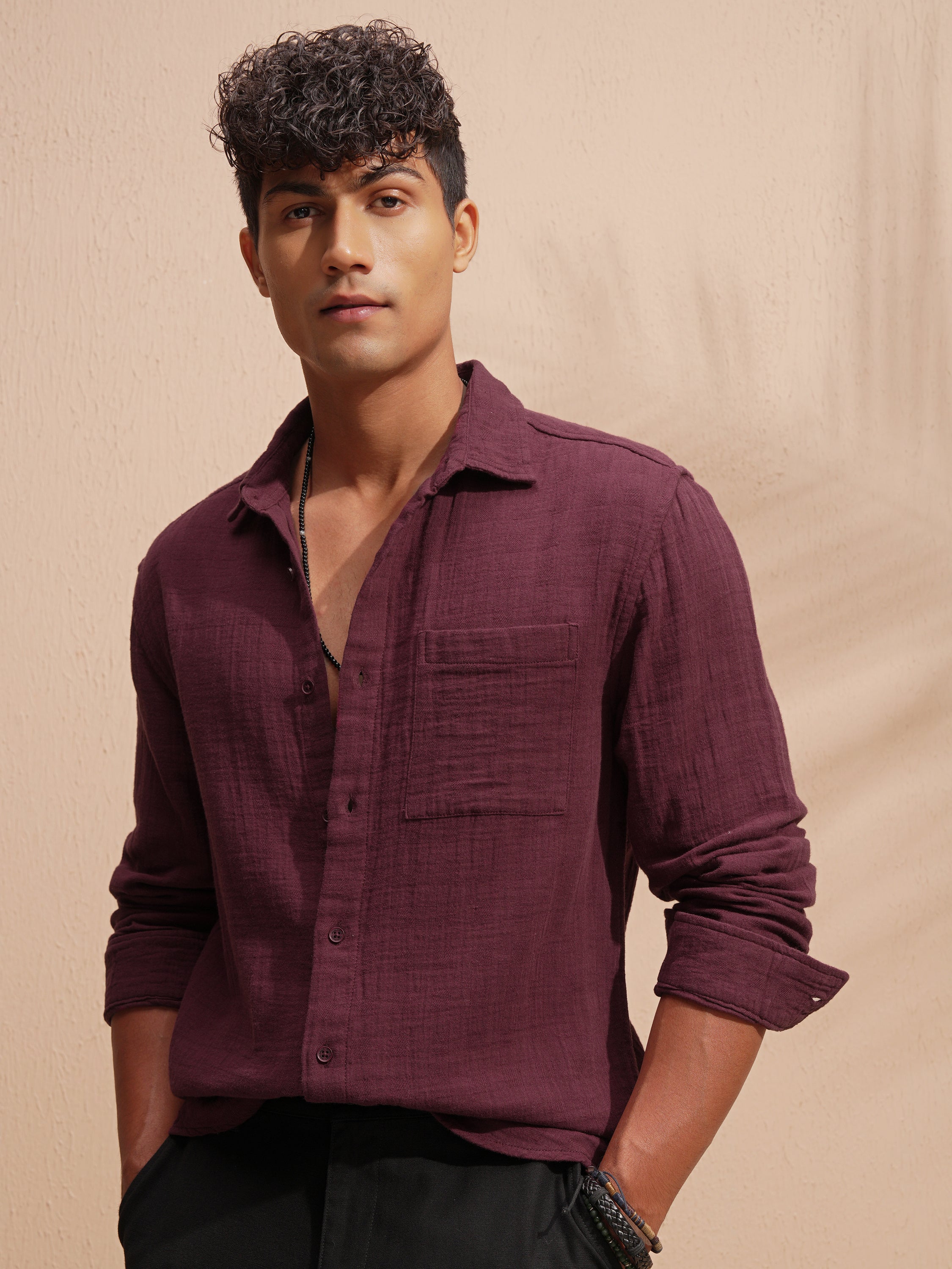 Highlander Men Maroon Self Design Relaxed Fit Casual Shirt - Maroon - Image 4