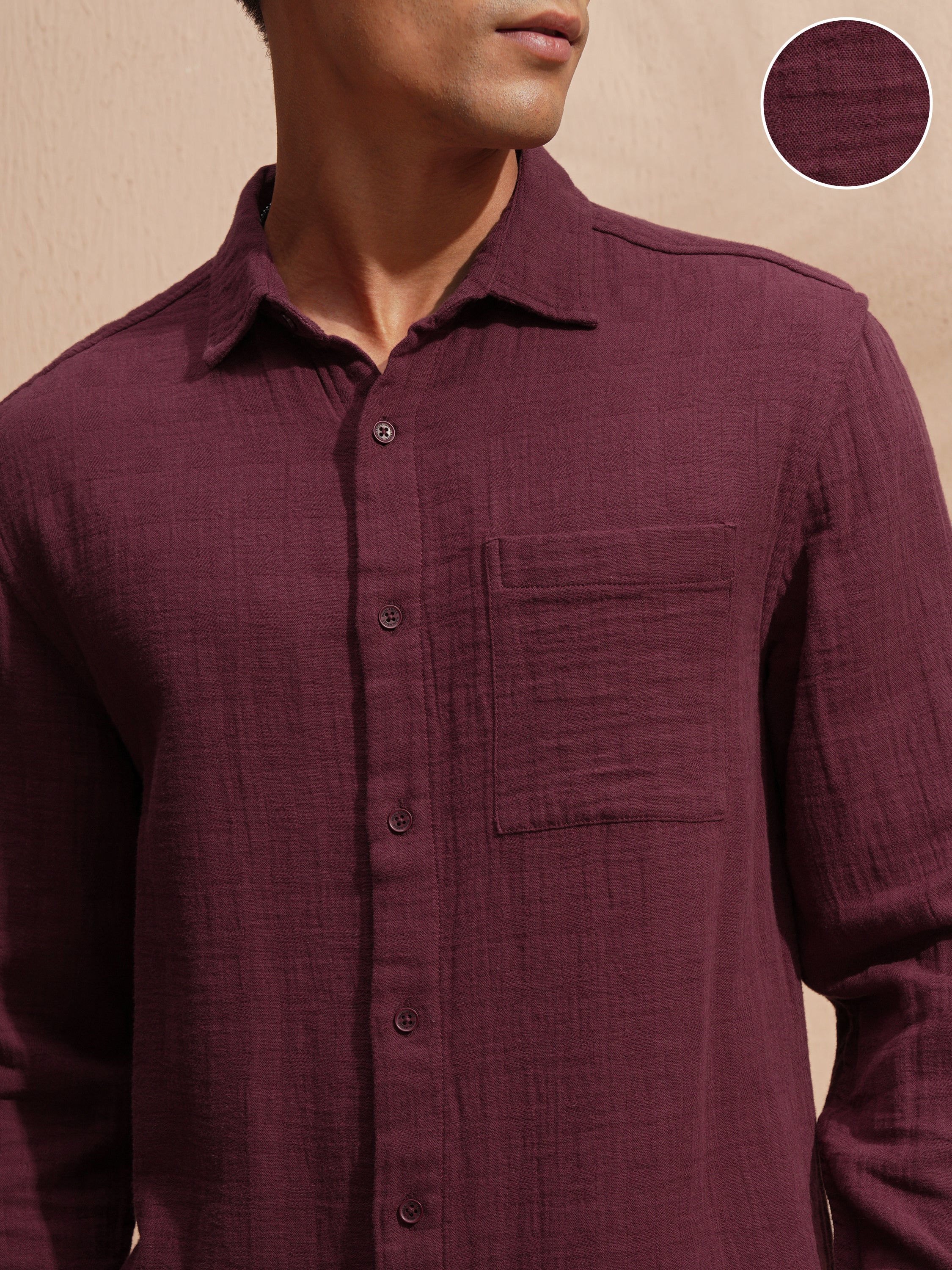 Highlander Men Maroon Self Design Relaxed Fit Casual Shirt - Maroon - Image 5