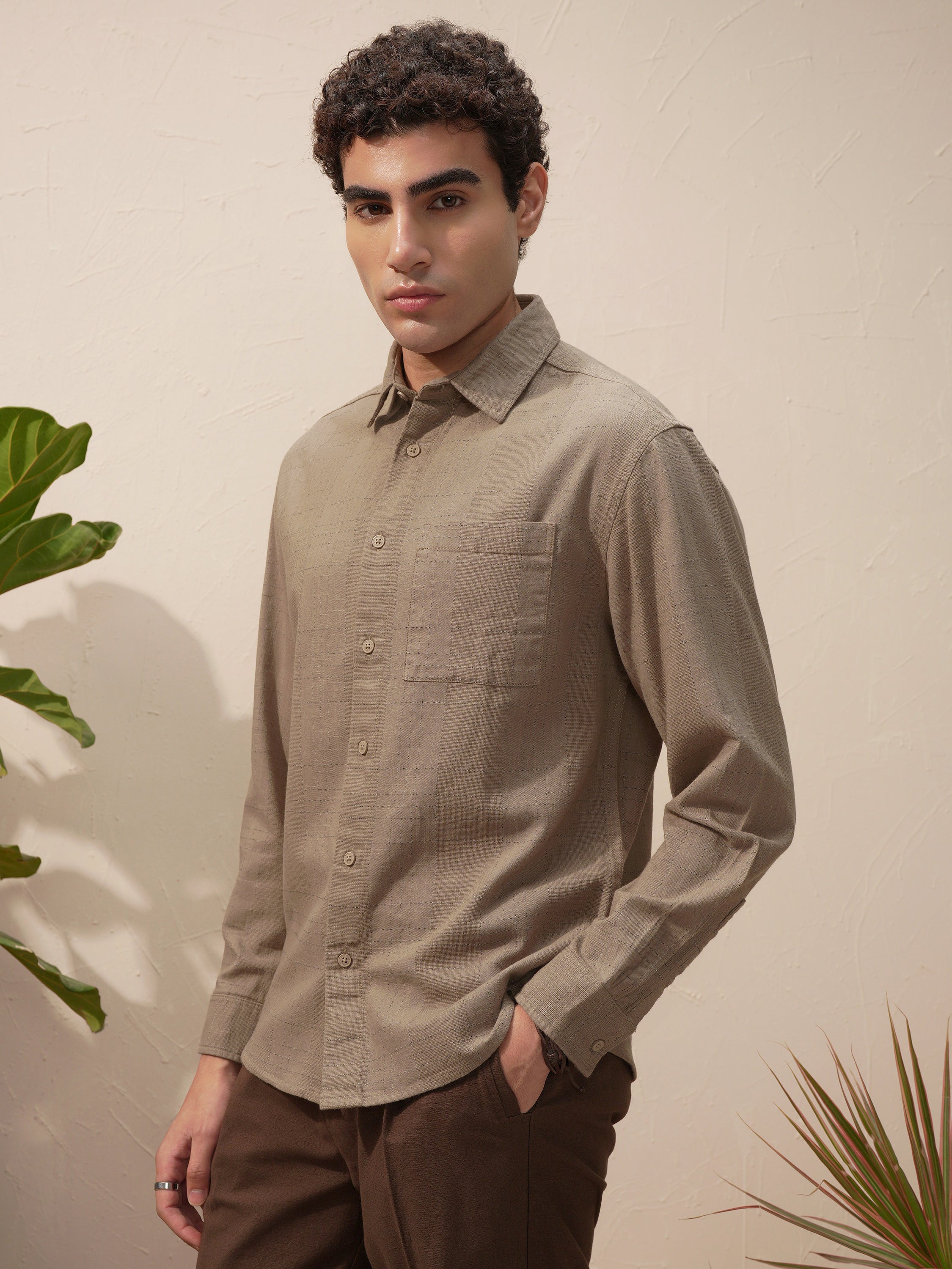 Highlander Men Beige Self Design Relaxed Fit Casual Shirt - Beige - Image 4