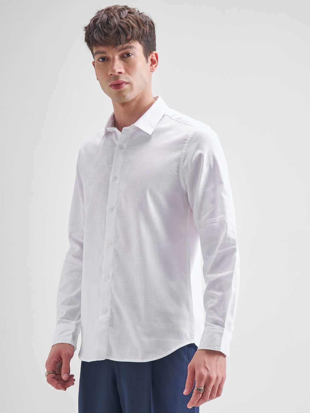 Highlander Men White Self Design Slim Fit Casual Shirt - White - Image 4