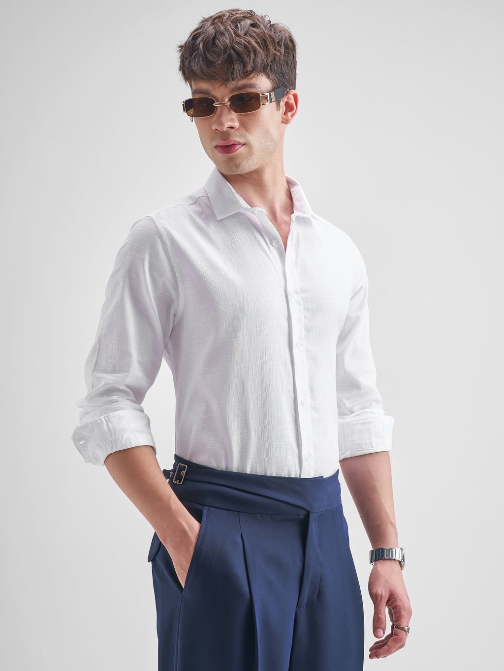 Highlander Men White Self Design Slim Fit Casual Shirt - White - Image 6